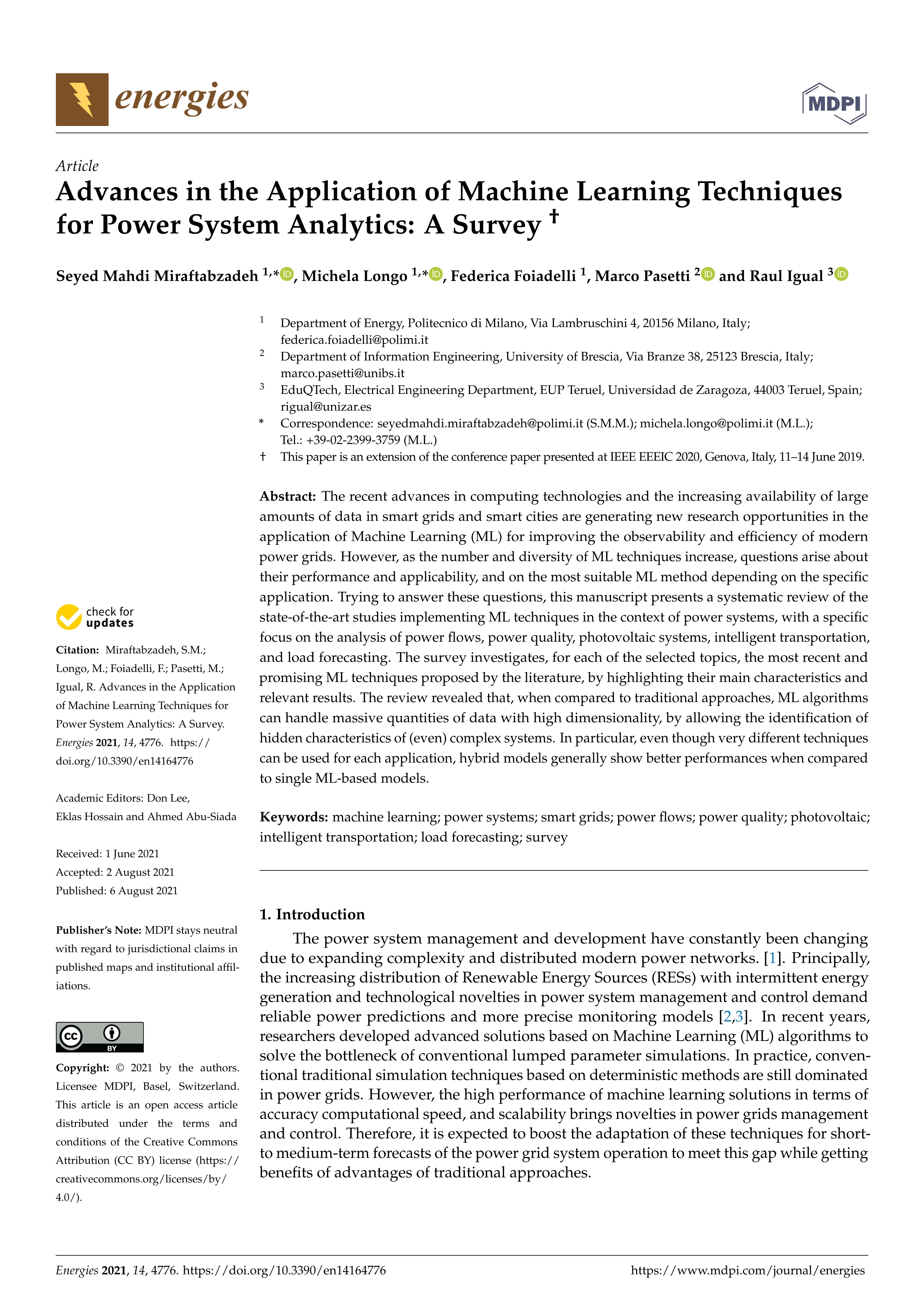 Advances in the application of machine learning techniques for power system analytics: A survey†