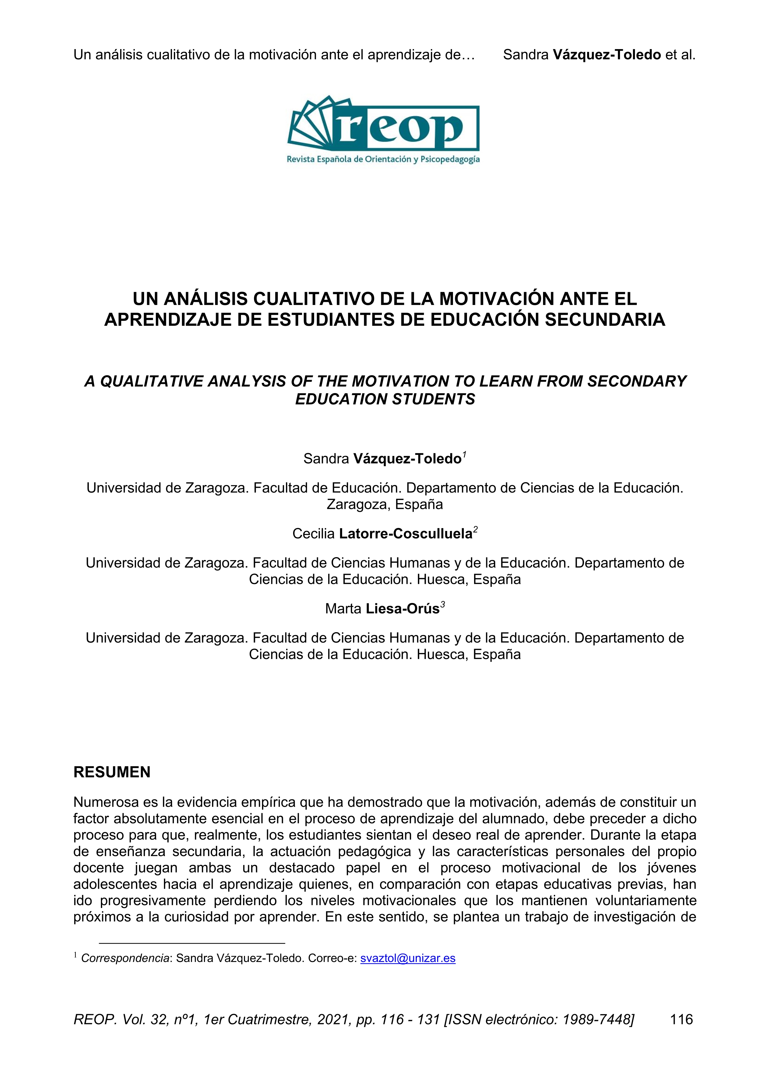 Un análisis cualitativo de la motivación ante el aprendizaje de estudiantes de educación secundaria