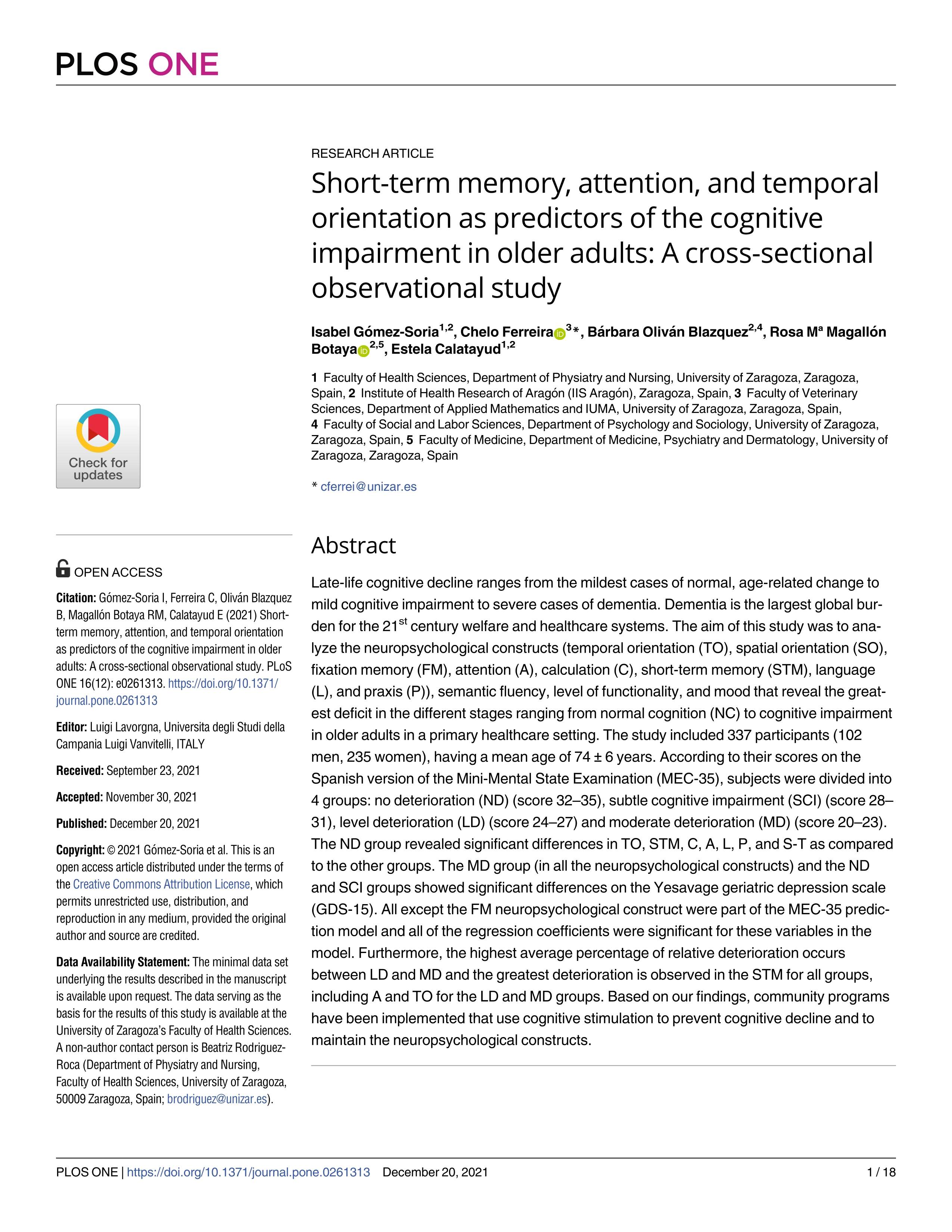 Short-term memory, attention, and temporal orientation as predictors of the cognitive impairment in older adults: A cross-sectional observational study