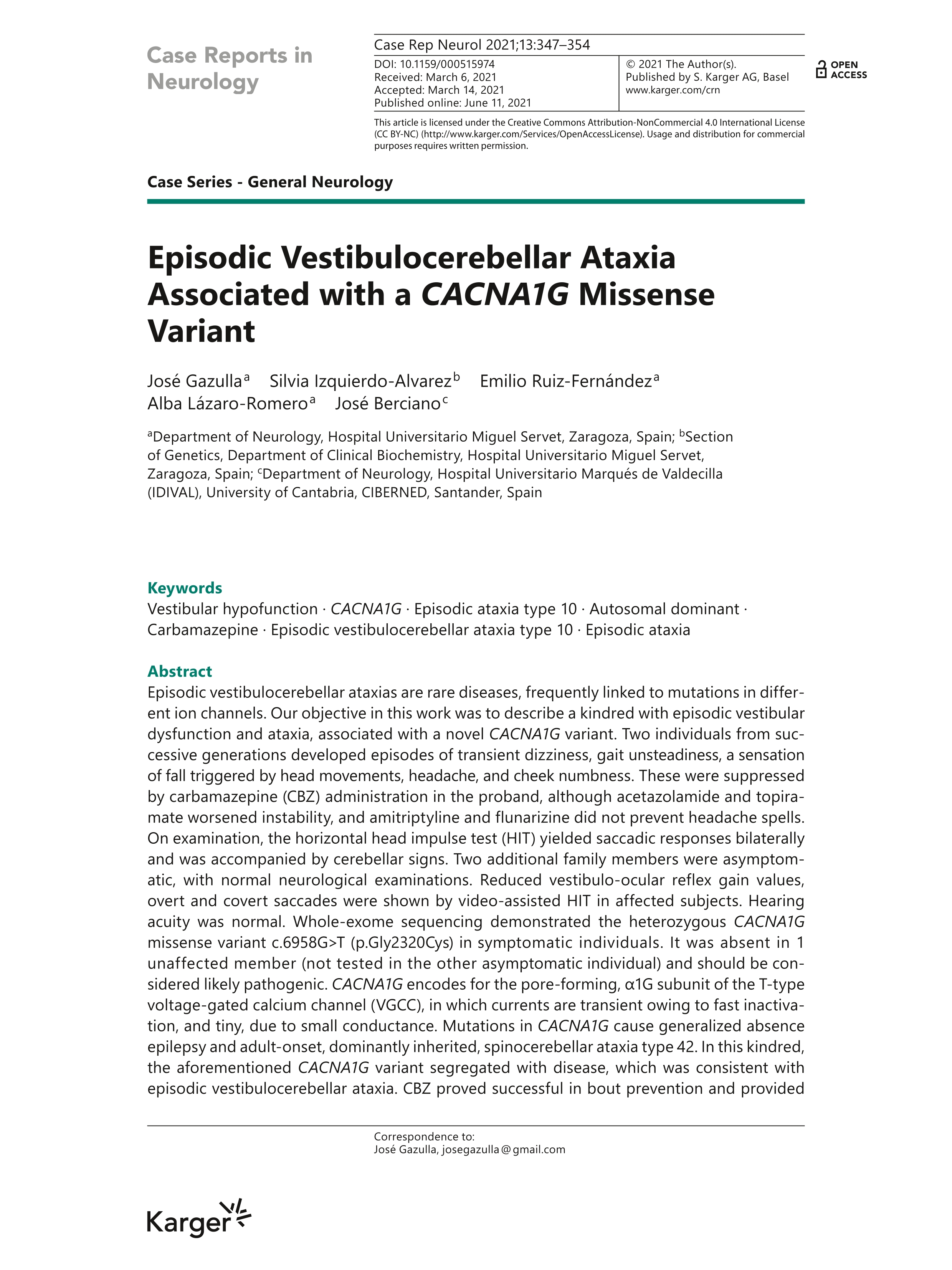 Episodic Vestibulocerebellar Ataxia Associated with a CACNA1G Missense Variant