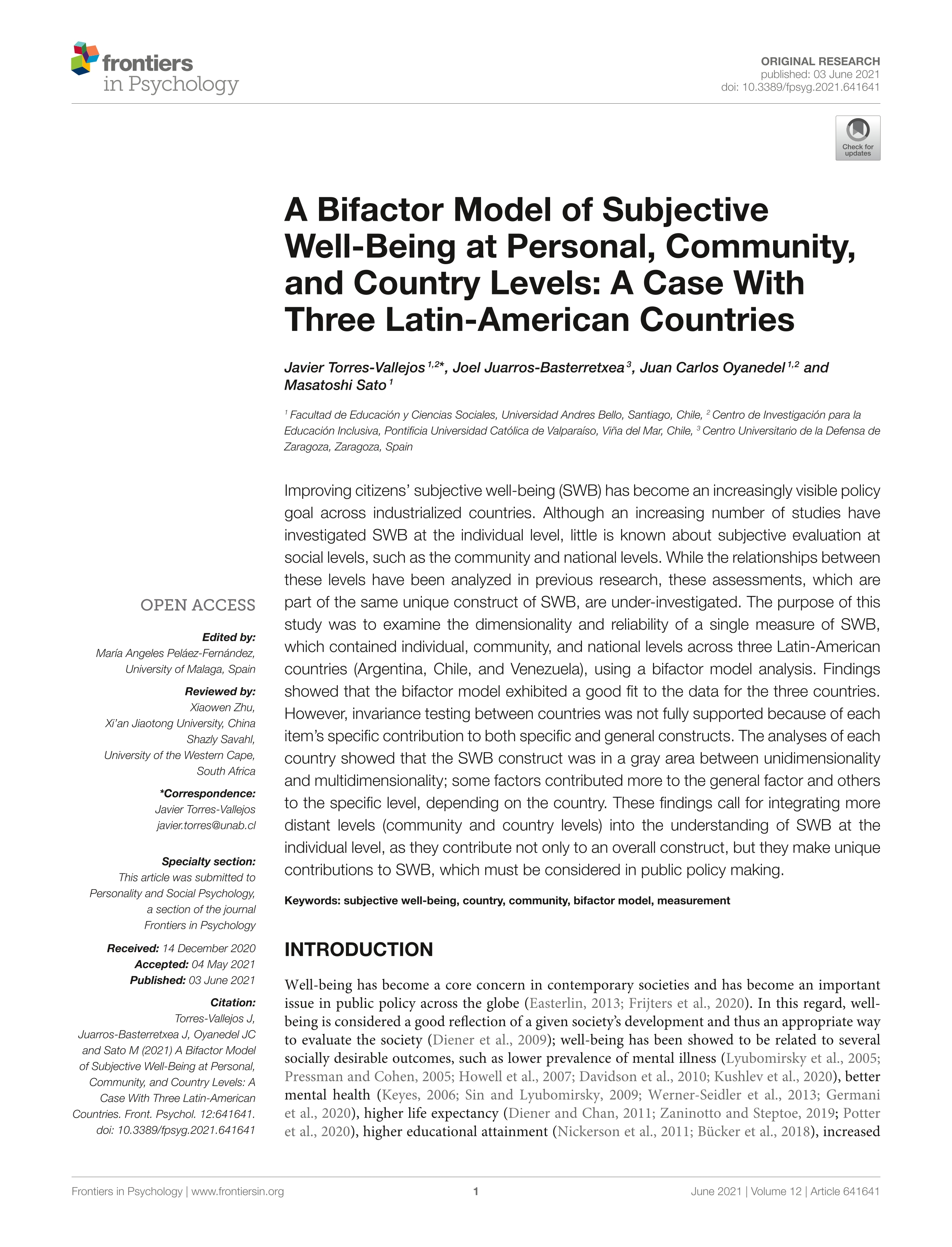 A bifactor model of subjective well-being at personal, community, and country levels: a case with three Latin-American countries
