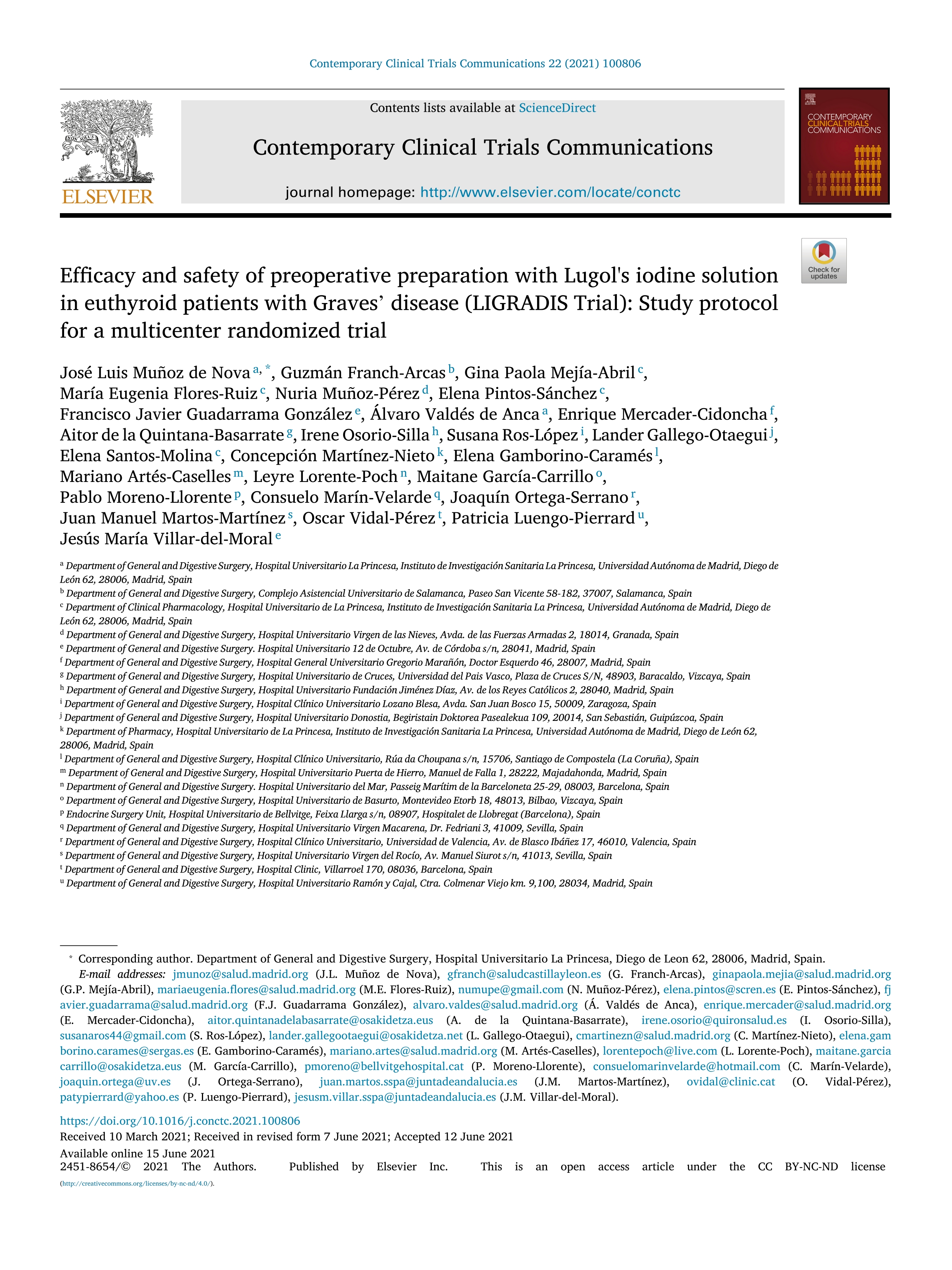 Efficacy and safety of preoperative preparation with Lugol''s iodine solution in euthyroid patients with Graves’ disease (LIGRADIS Trial): Study protocol for a multicenter randomized trial