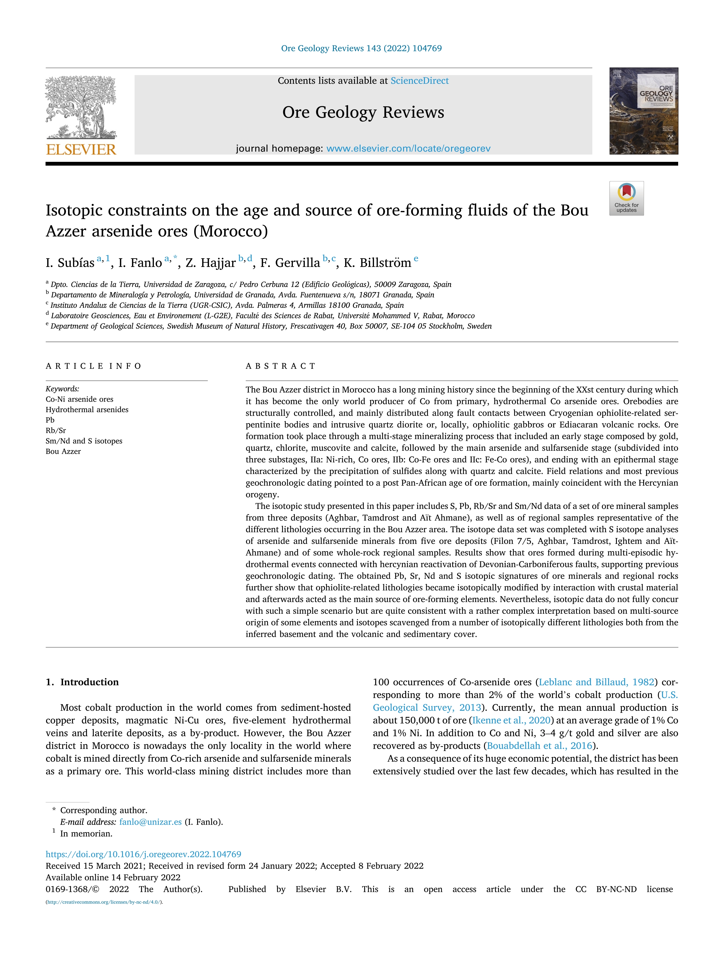 Isotopic constraints on the age and source of ore-forming fluids of the Bou Azzer arsenide ores (Morocco)