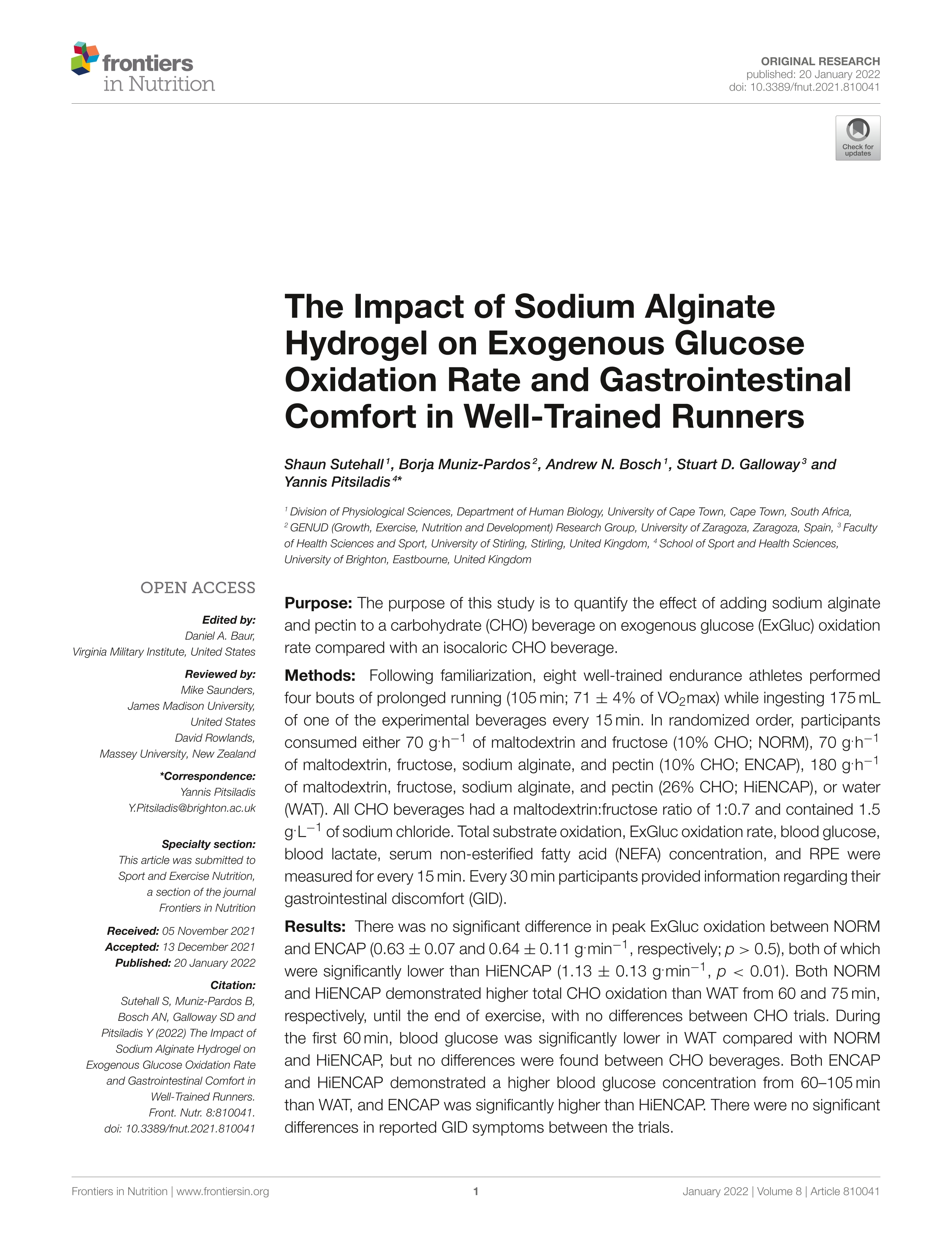 The impact of sodium alginate hydrogel on exogenous glucose oxidation rate and gastrointestinal comfort in well-trained runners