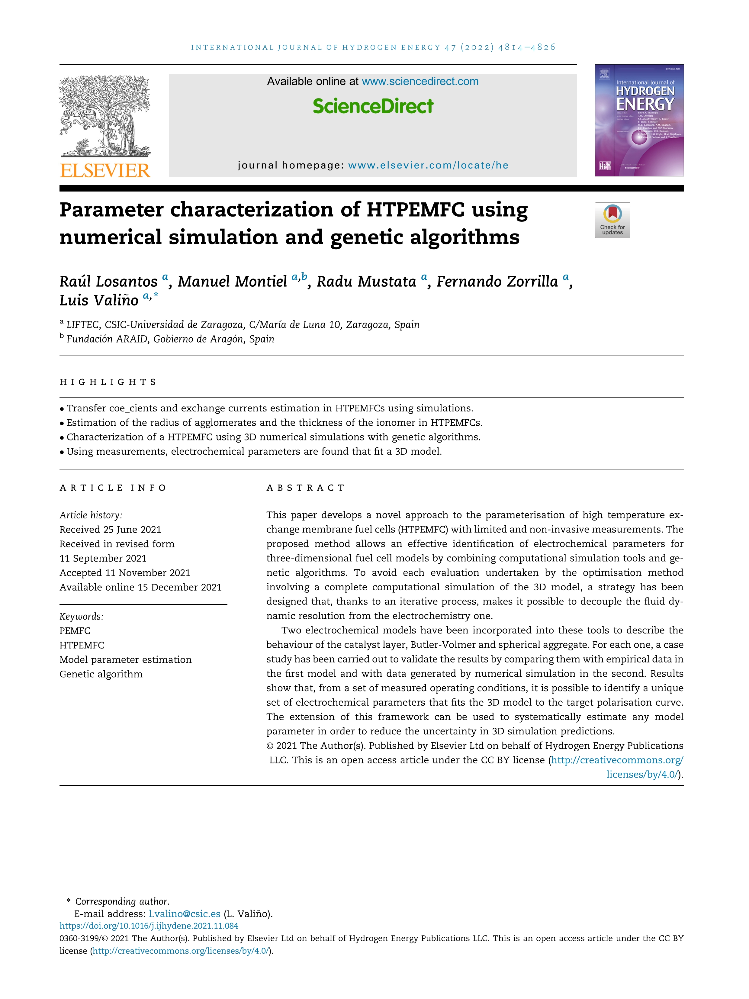 Parameter characterization of HTPEMFC using numerical simulation and genetic algorithms