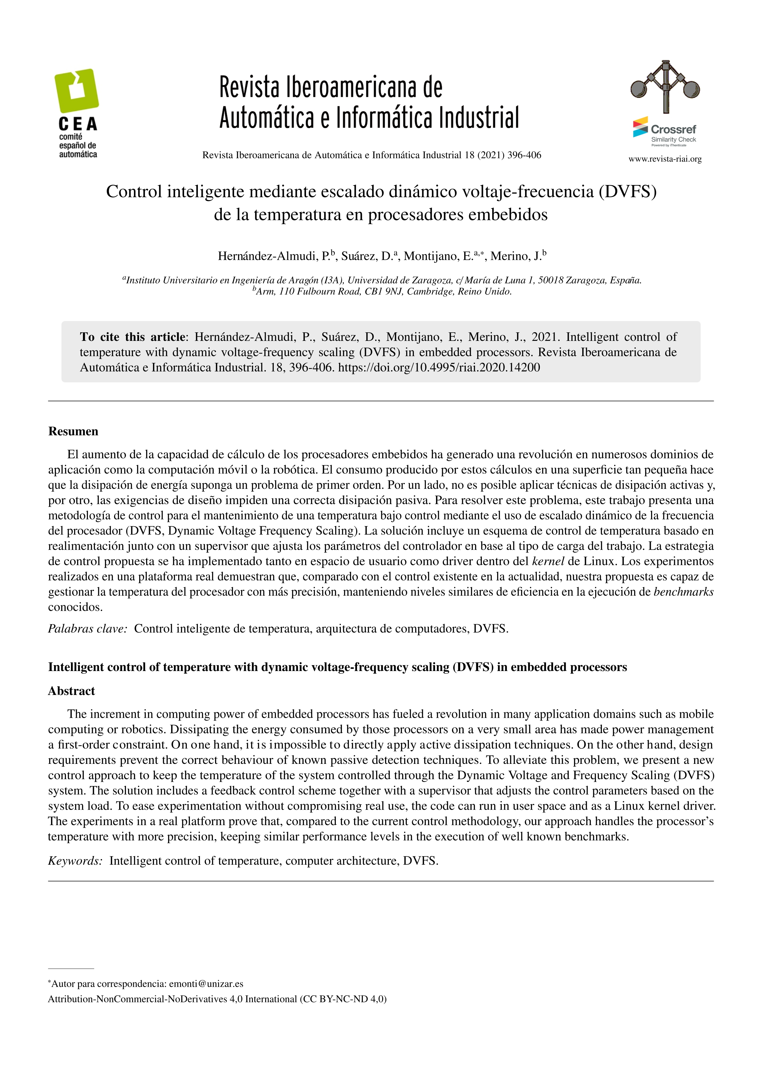 Control inteligente mediante escalado dinámico voltaje-frecuencia (DVFS) de la temperatura en procesadores embebidos