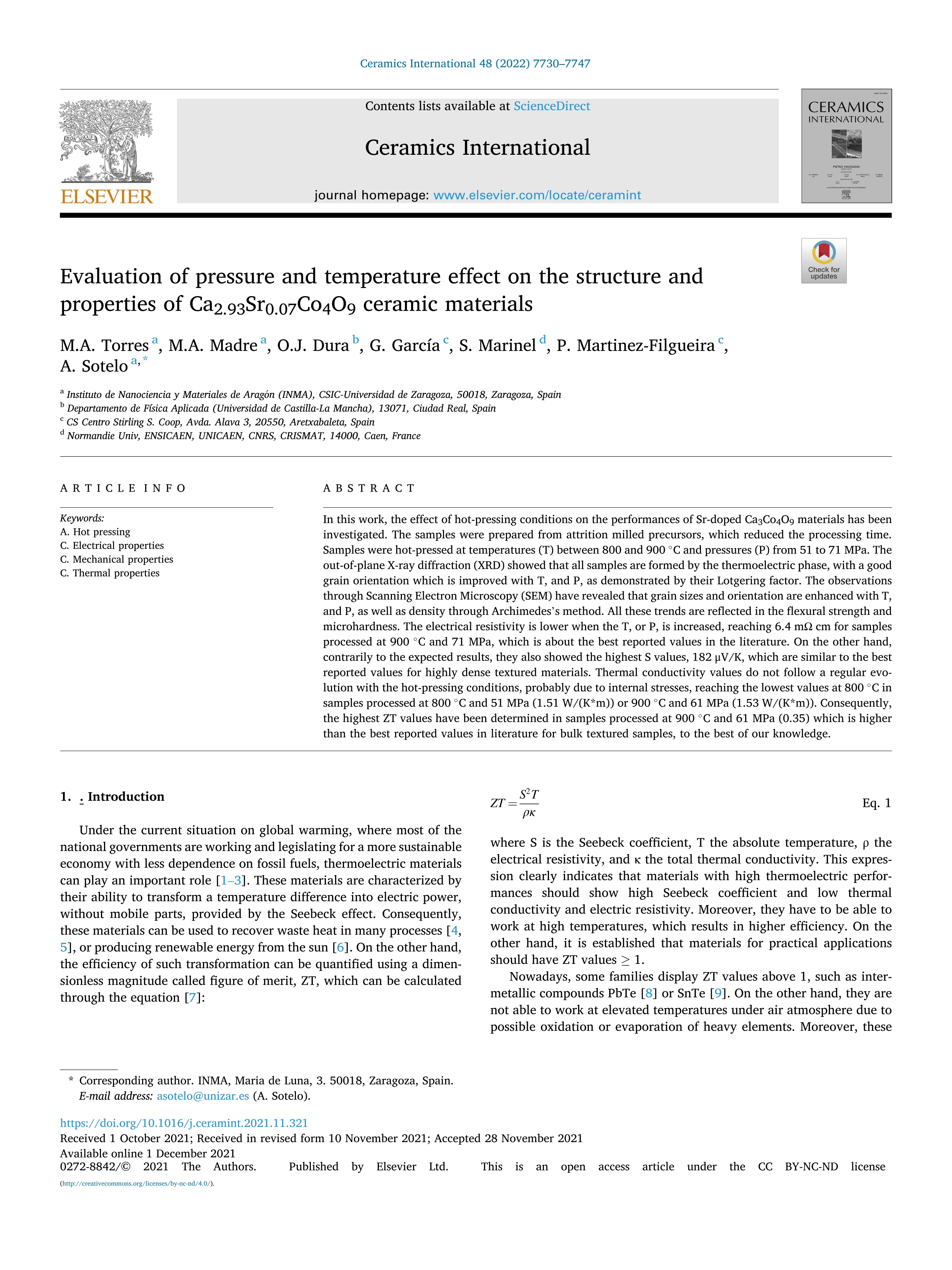 Evaluation of pressure and temperature effect on the structure and properties of Ca2.93Sr0.07Co4O9 ceramic materials