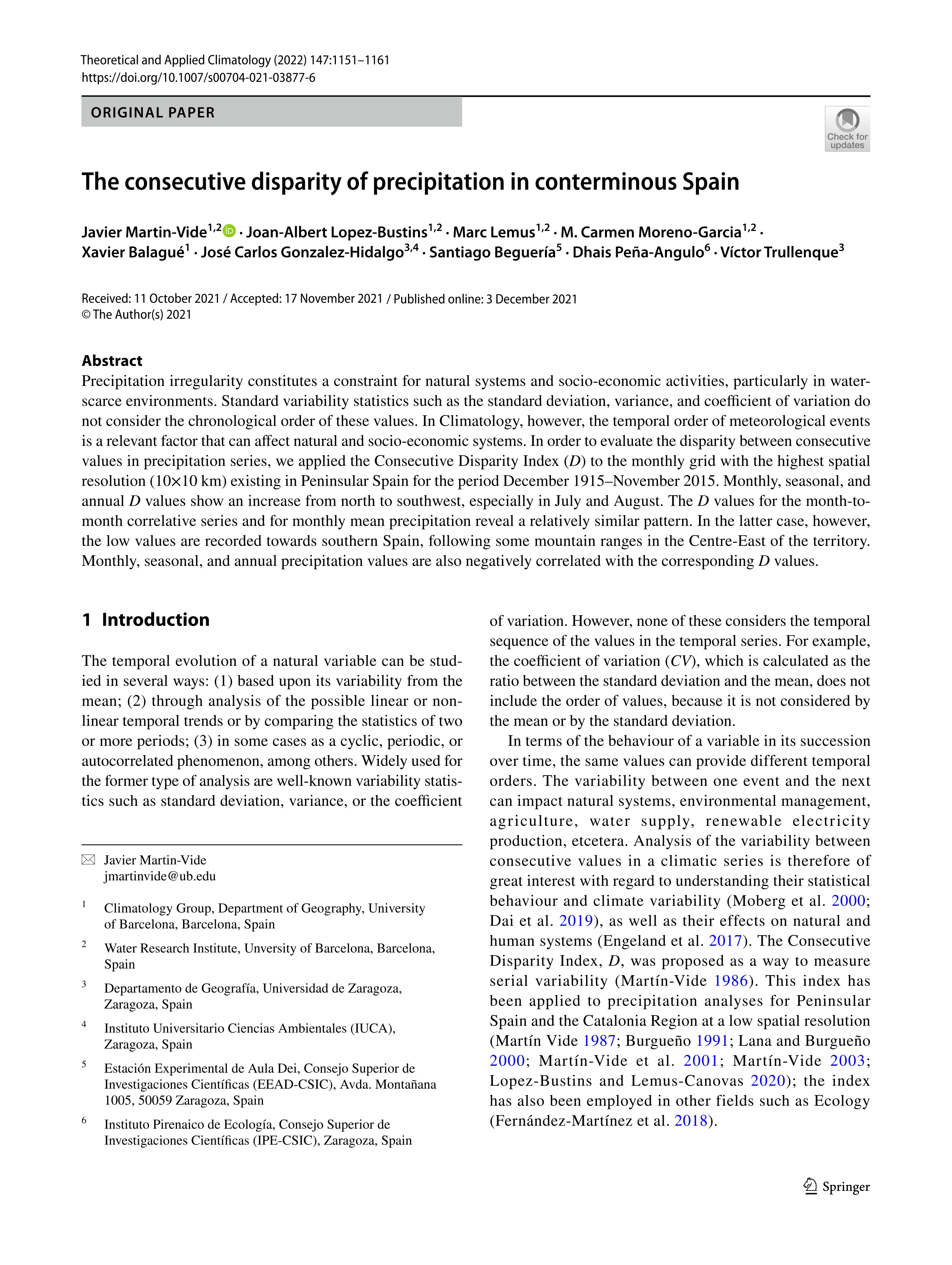 The consecutive disparity of precipitation in conterminous Spain