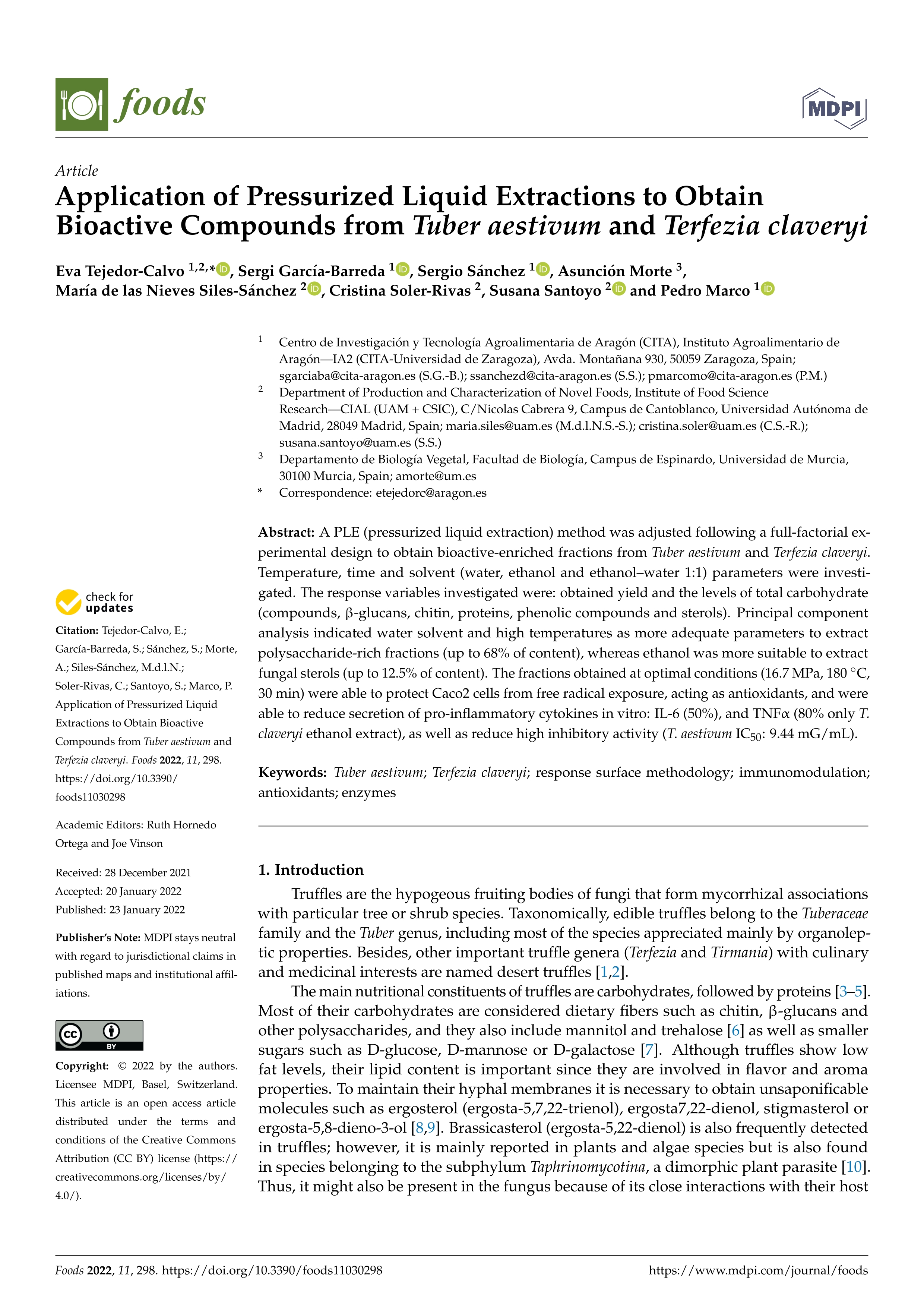 Application of pressurized liquid extractions to obtain bioactive compounds from Tuber aestivum and Terfezia claveryi