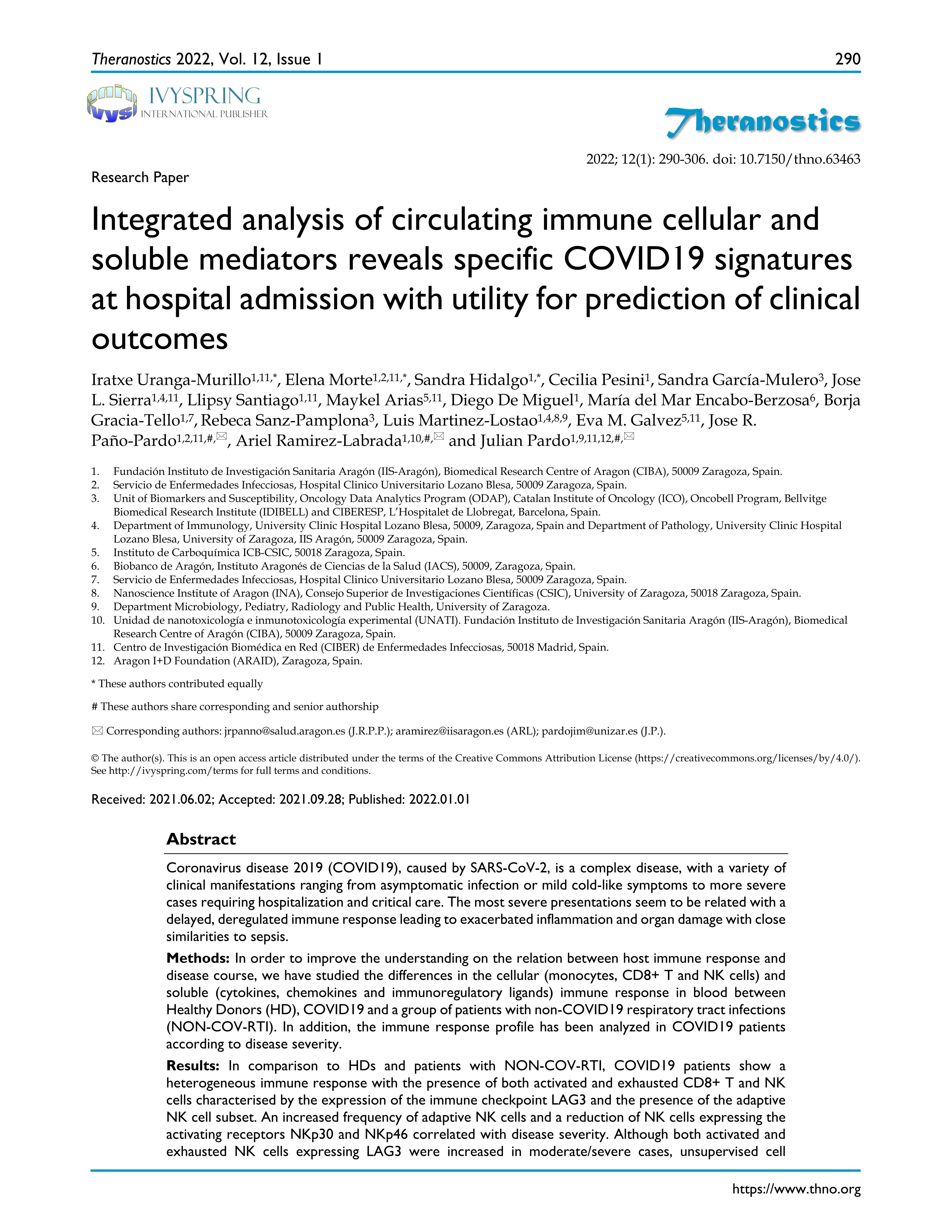 Integrated analysis of circulating immune cellular and soluble mediators reveals specific COVID19 signatures at hospital admission with utility for prediction of clinical outcomes