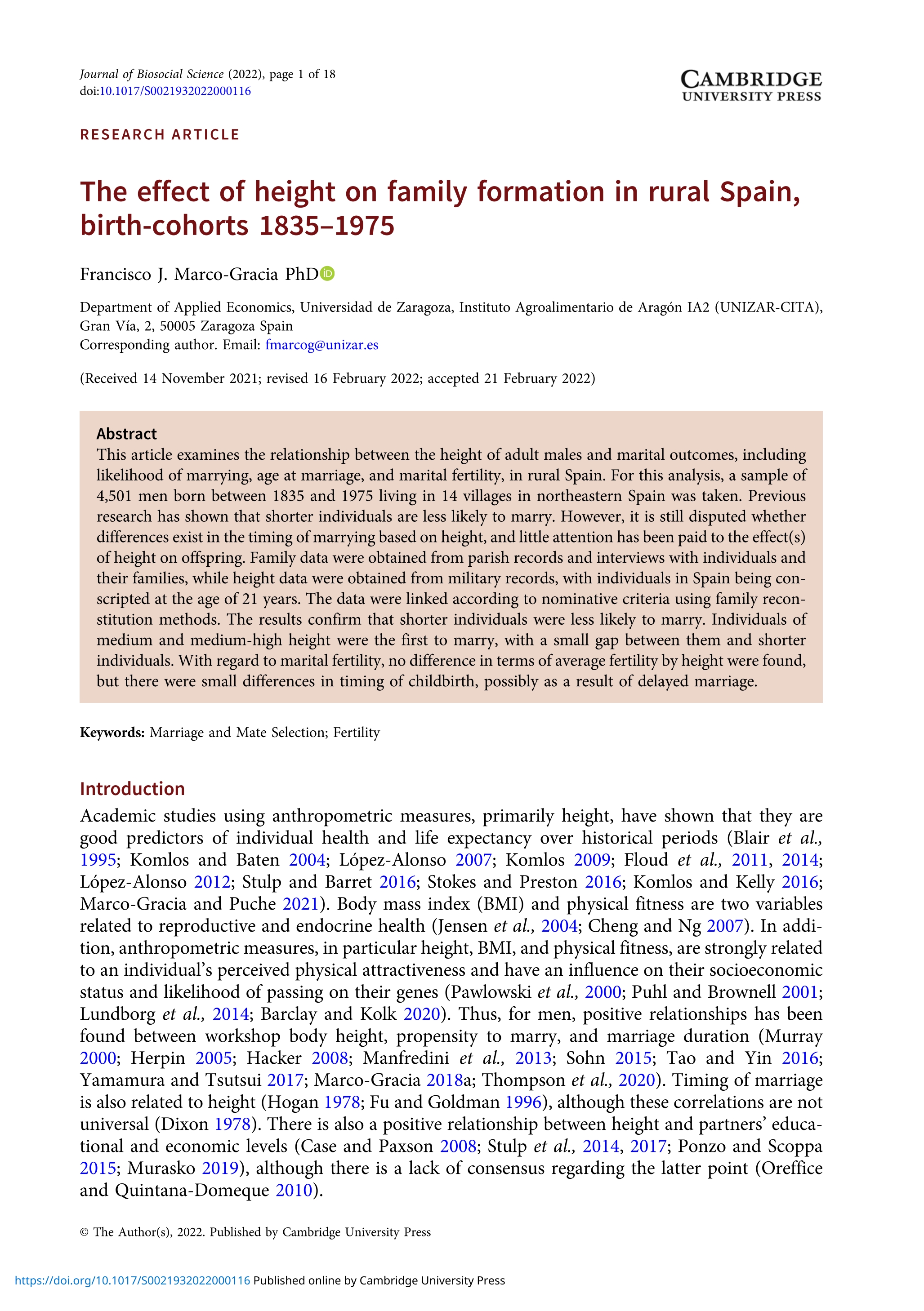 The effect of height on family formation in rural Spain, birth-cohorts 1835-1975