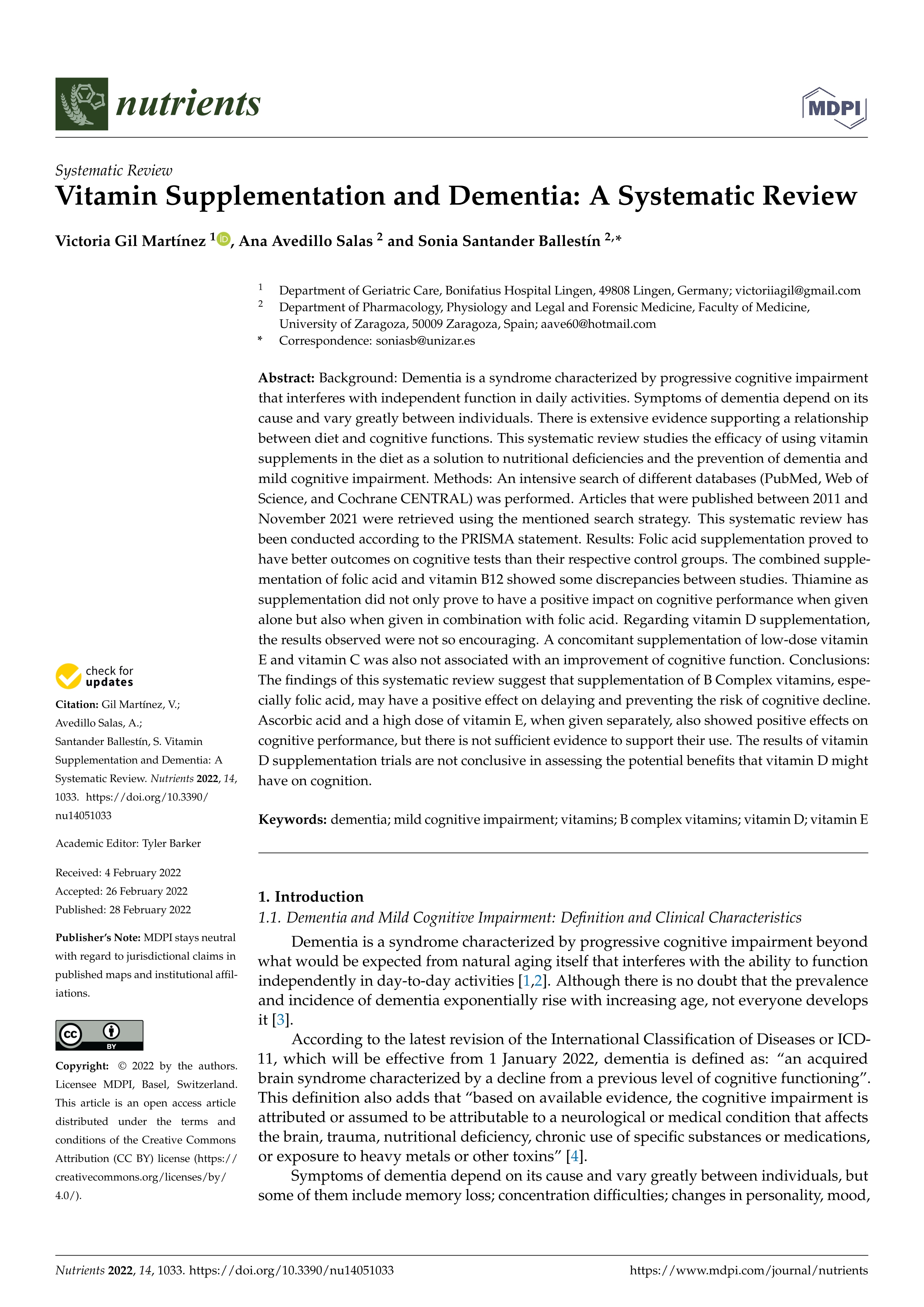 Vitamin Supplementation and Dementia: A Systematic Review