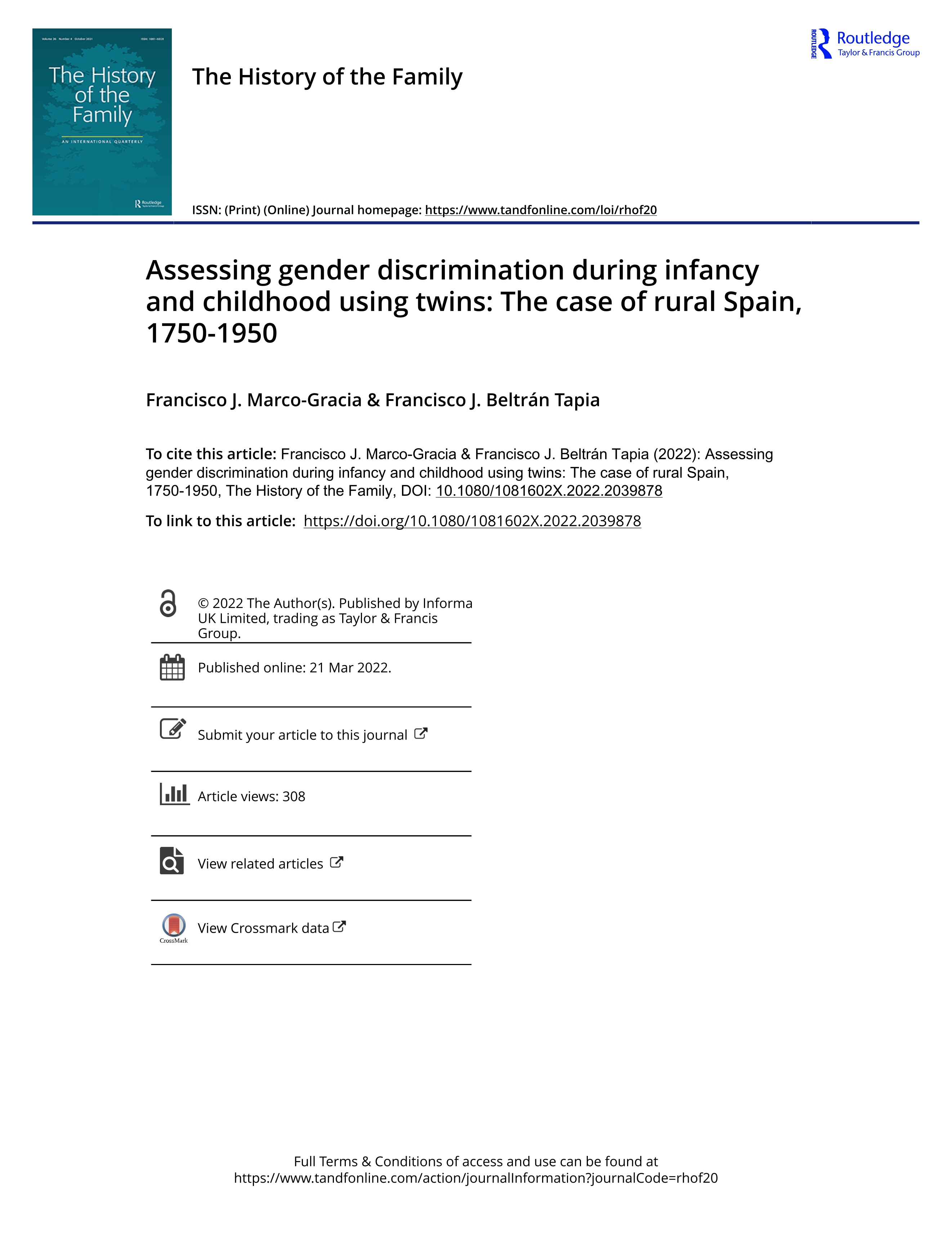 Assessing gender discrimination during infancy and childhood using twins: The case of rural Spain, 1750-1950