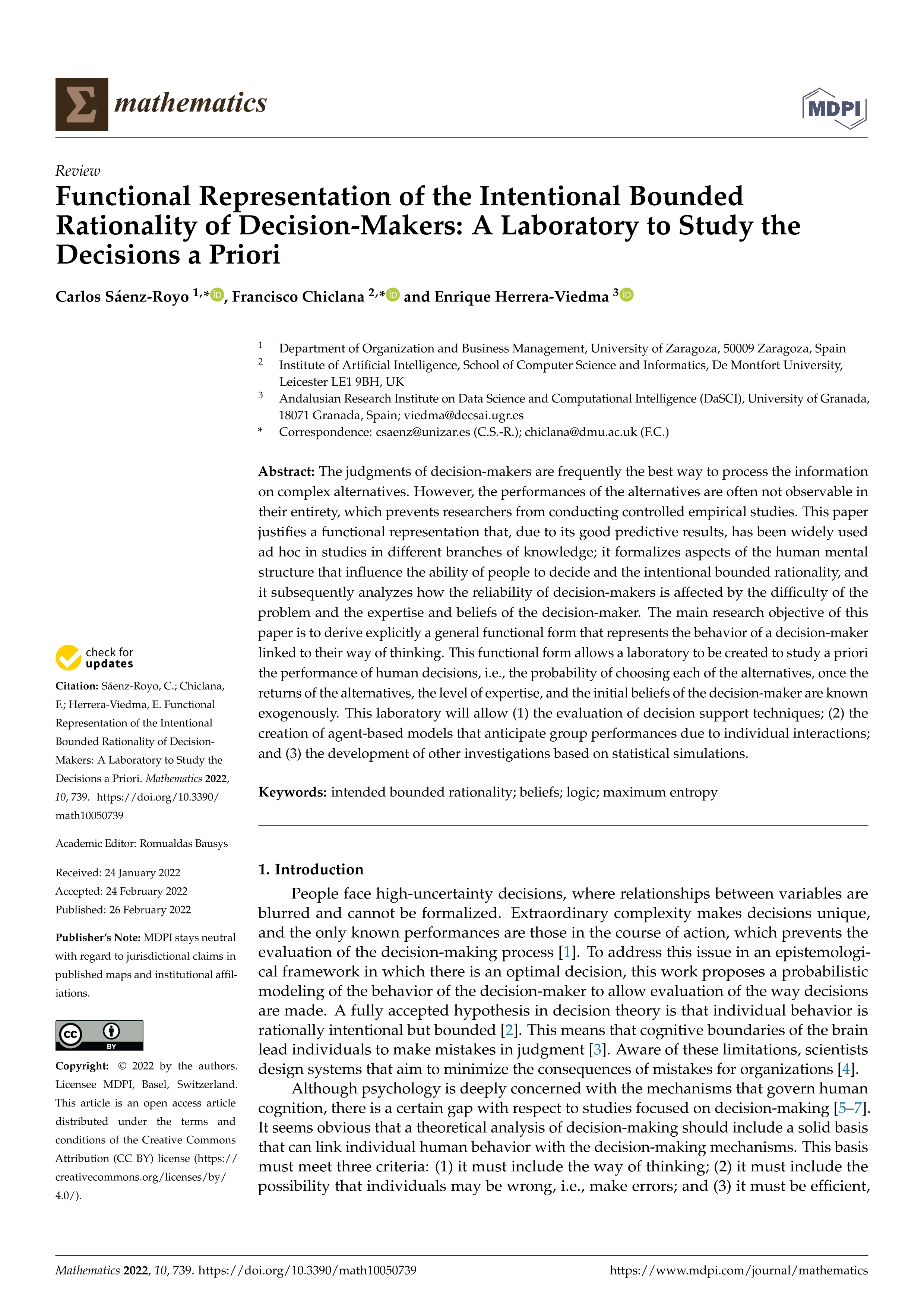 Functional Representation of the Intentional Bounded Rationality of Decision-Makers: A Laboratory to Study the Decisions a Priori
