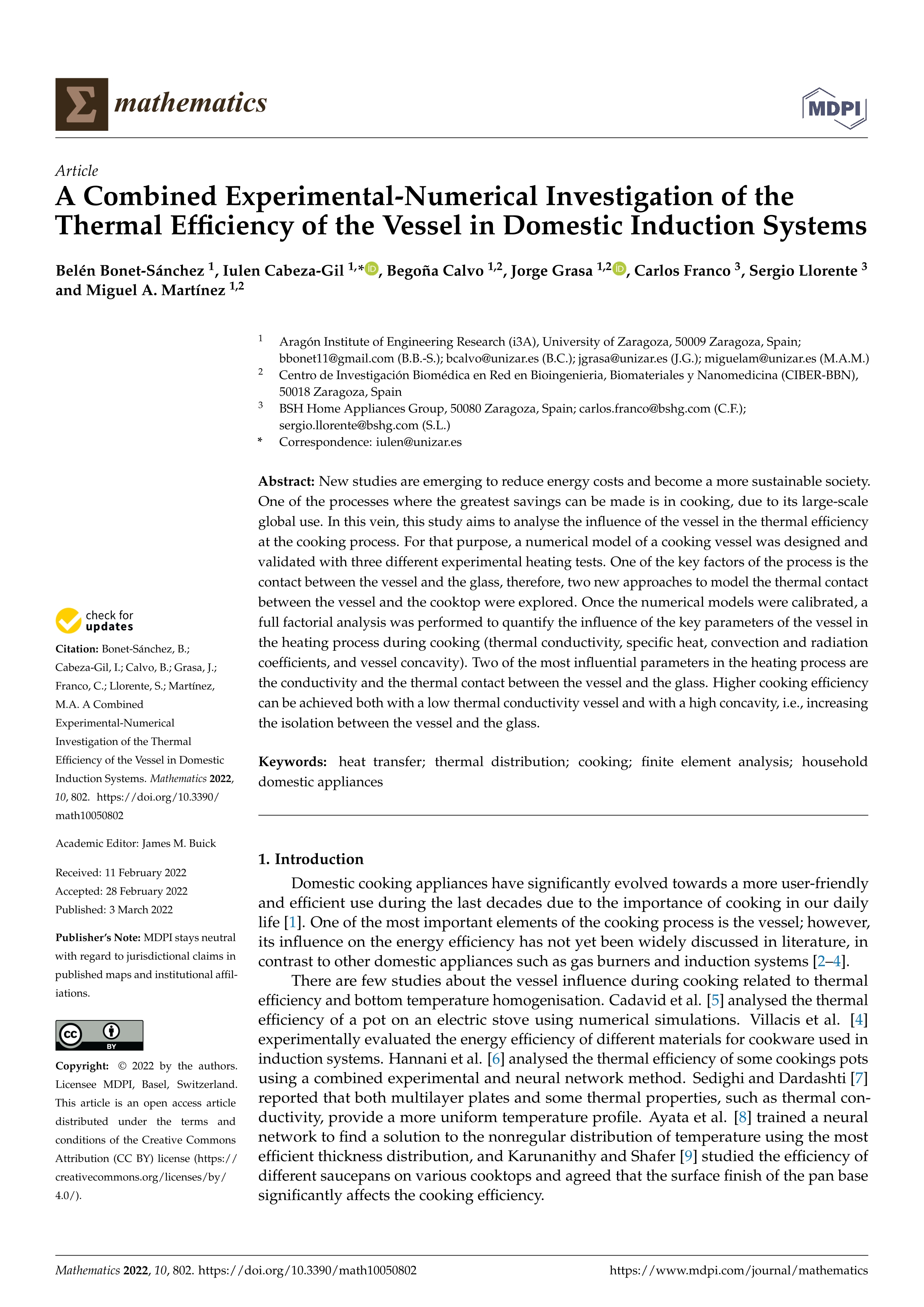 A Combined Experimental-Numerical Investigation of the Thermal Efficiency of the Vessel in Domestic Induction Systems