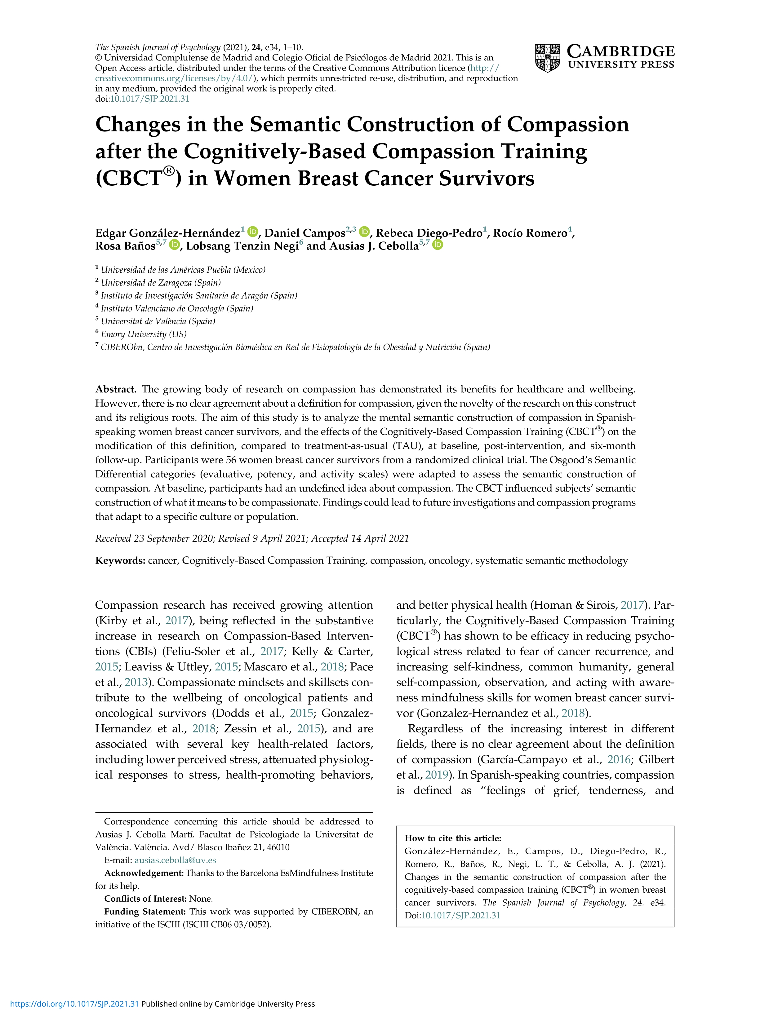 Changes in the Semantic Construction of Compassion after the Cognitively-Based Compassion Training (CBCT®) in Women Breast Cancer Survivors