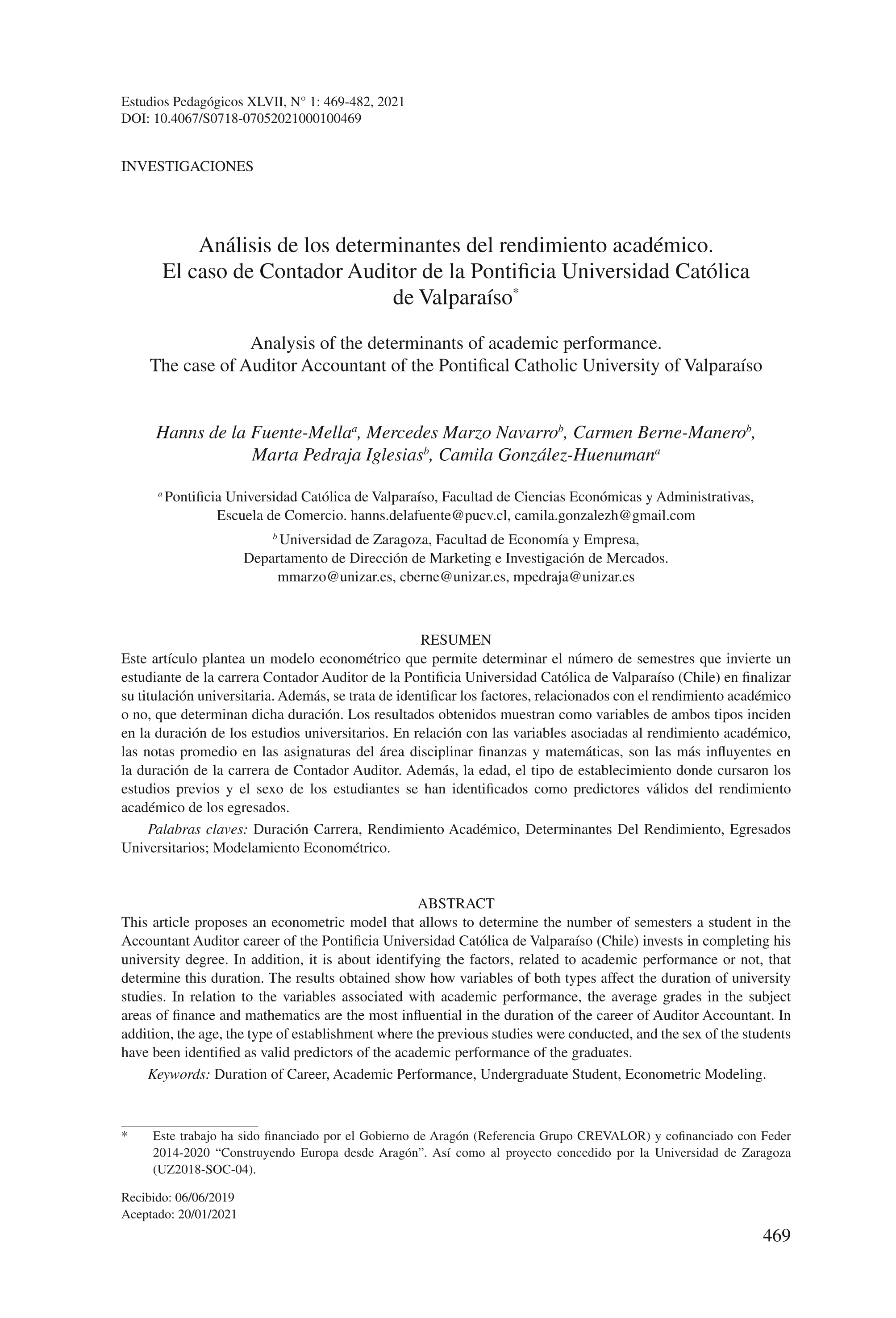 Análisis de los determinantes del rendimiento académico. El caso de Contador Auditor de la Pontificia Universidad Católica de Valparaíso