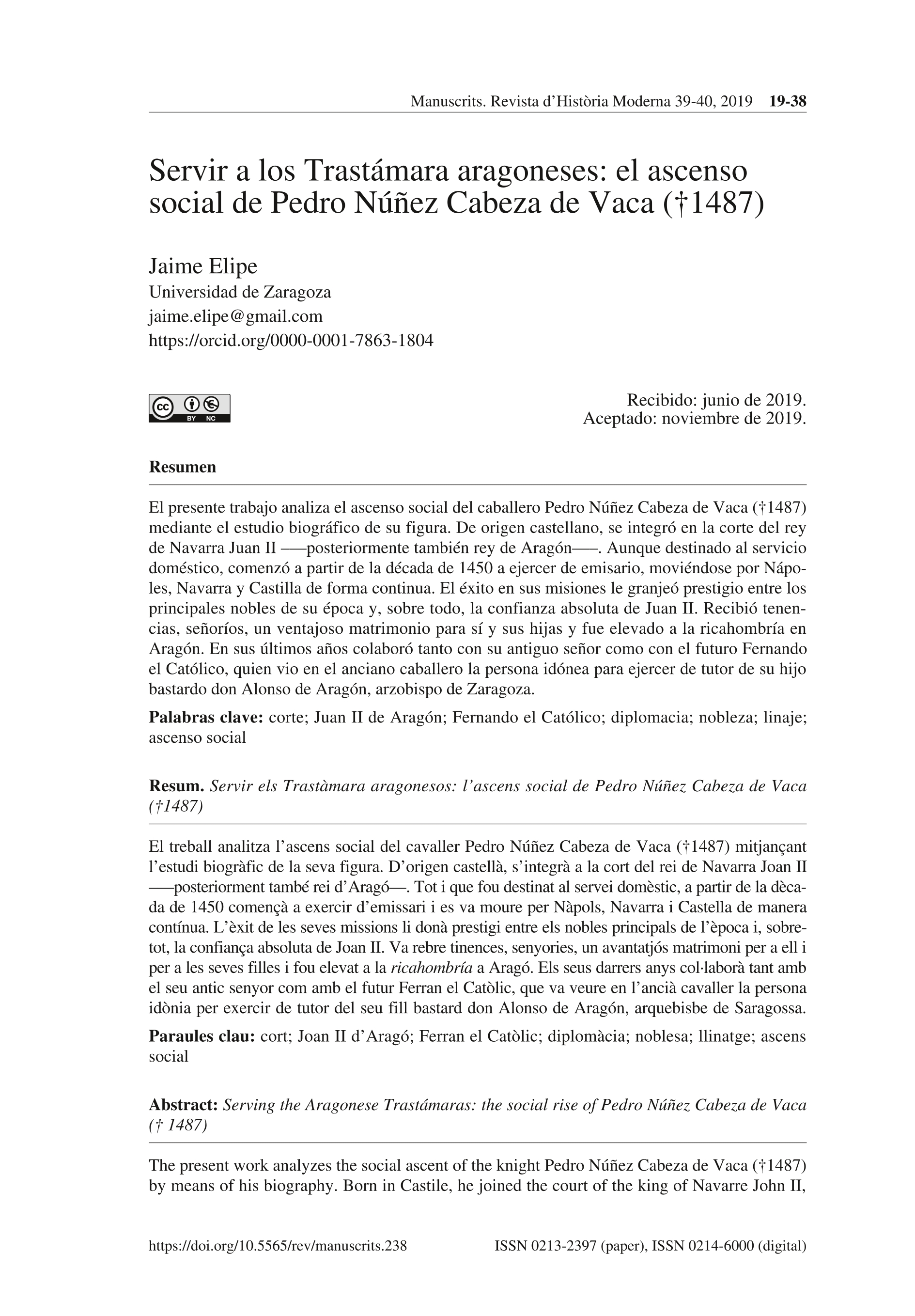 Servir a los Trastámara aragoneses: el ascenso social de Pedro Núñez Cabeza de Vaca (†1487)