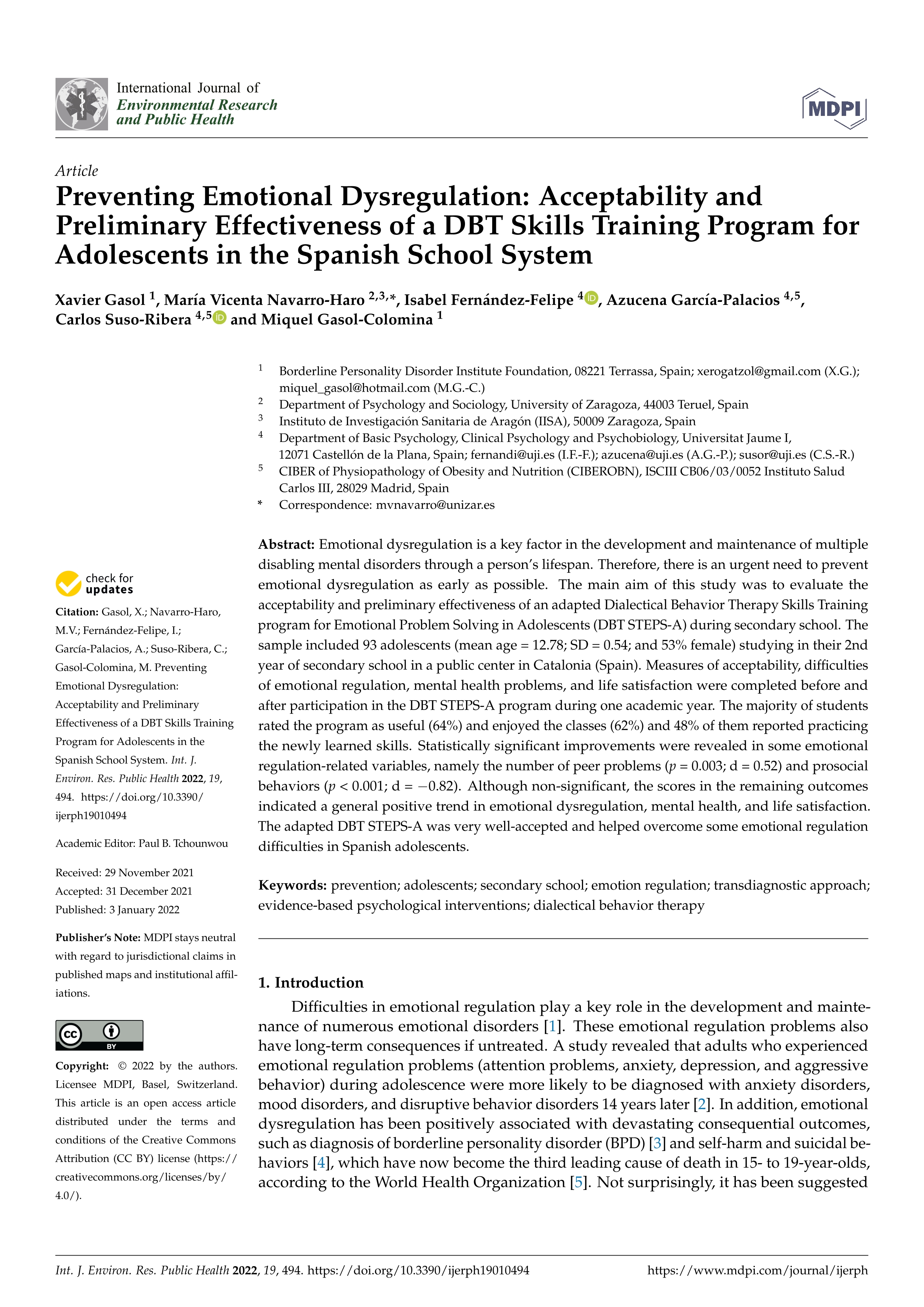 Preventing Emotional Dysregulation: Acceptability and Preliminary Effectiveness of a DBT Skills Training Program for Adolescents in the Spanish School System