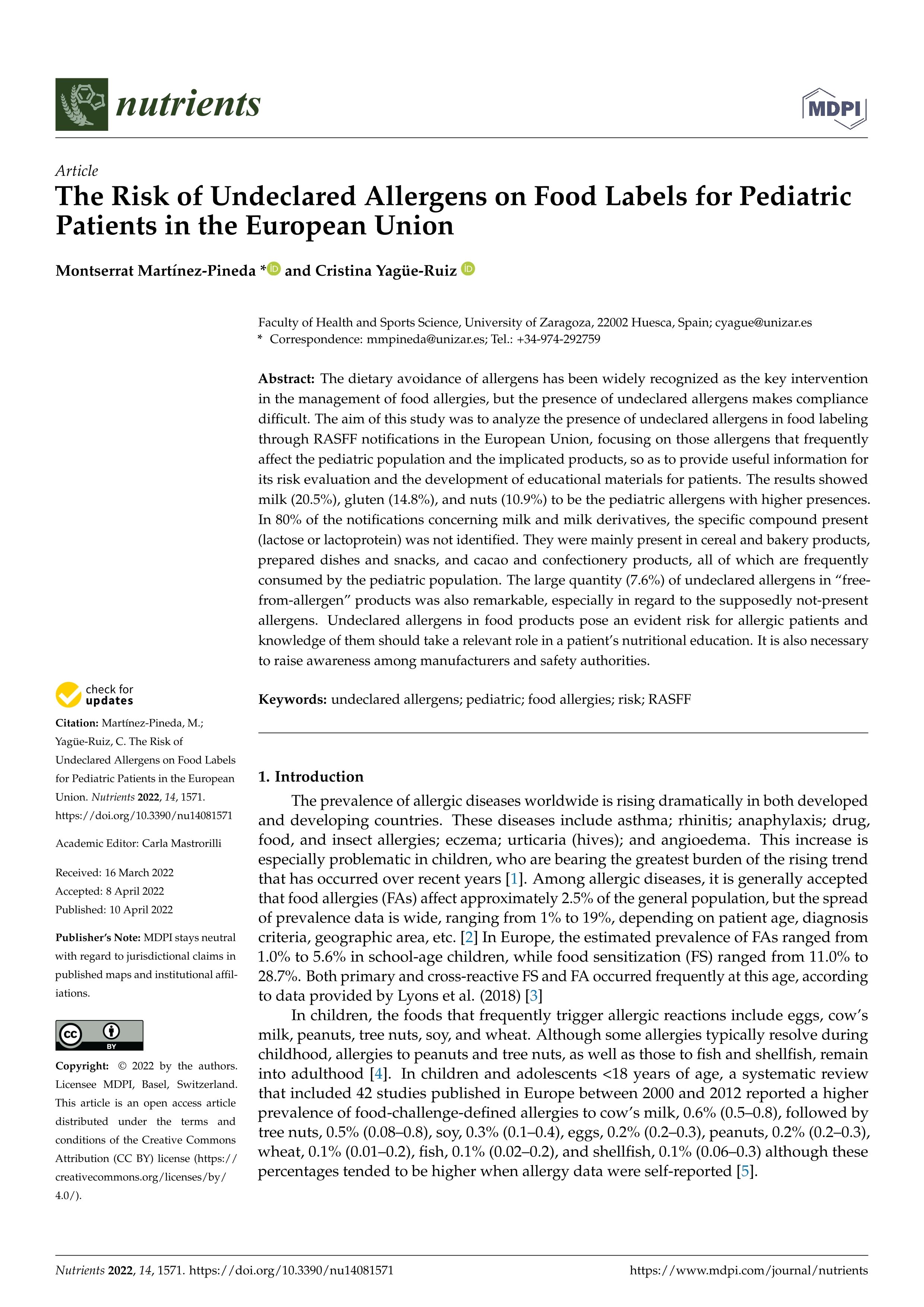 The Risk of Undeclared Allergens on Food Labels for Pediatric Patients in the European Union