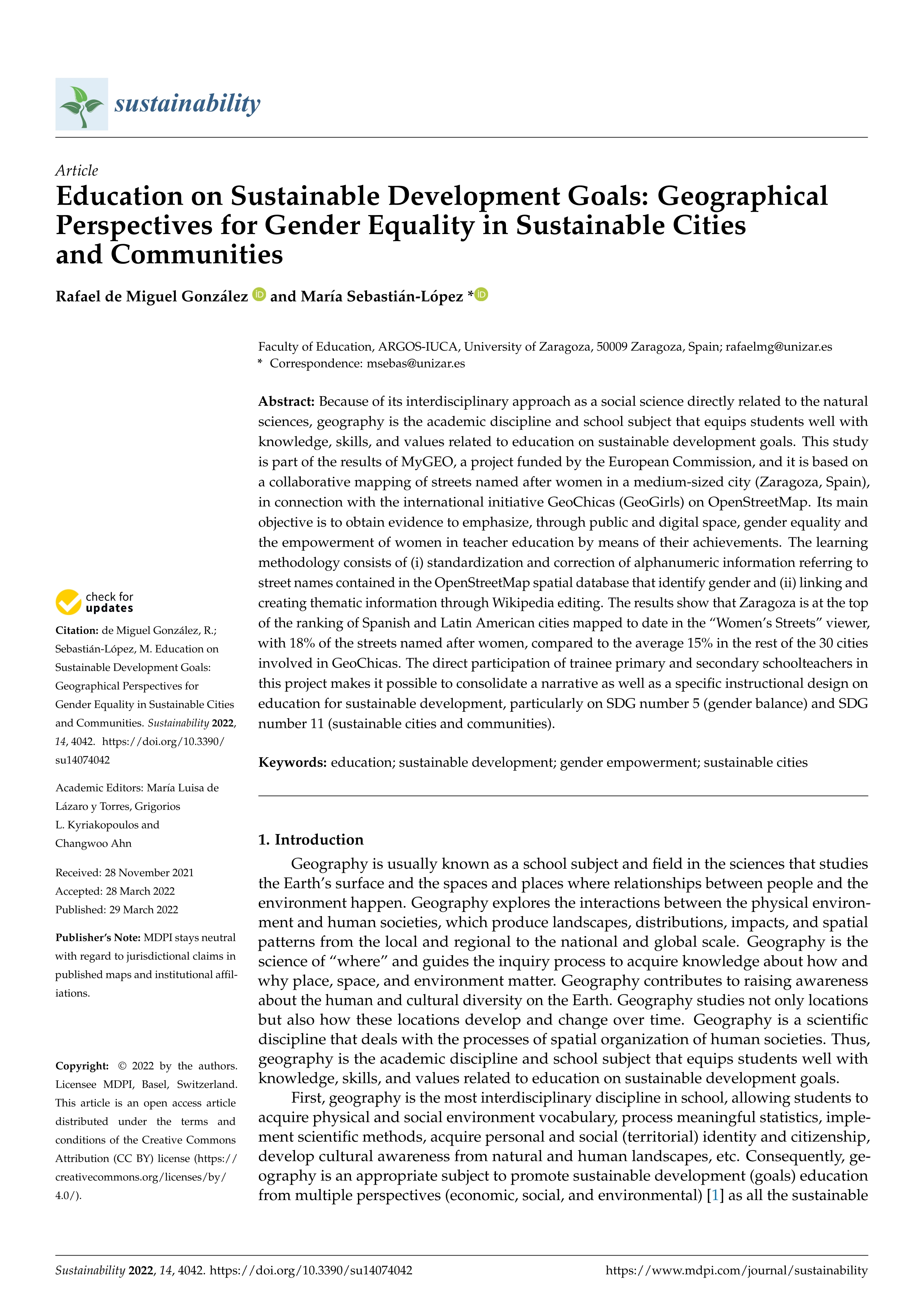 Education on Sustainable Development Goals: Geographical Perspectives for Gender Equality in Sustainable Cities and Communities