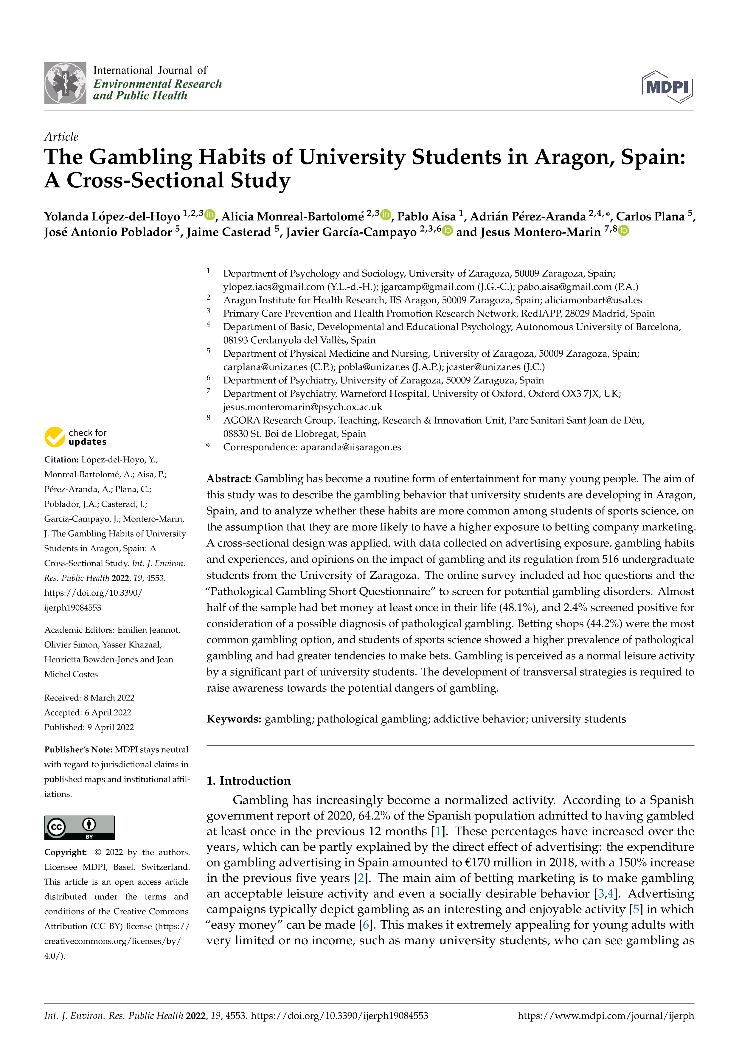 The gambling habits of university students in Aragon, Spain: a cross-sectional study