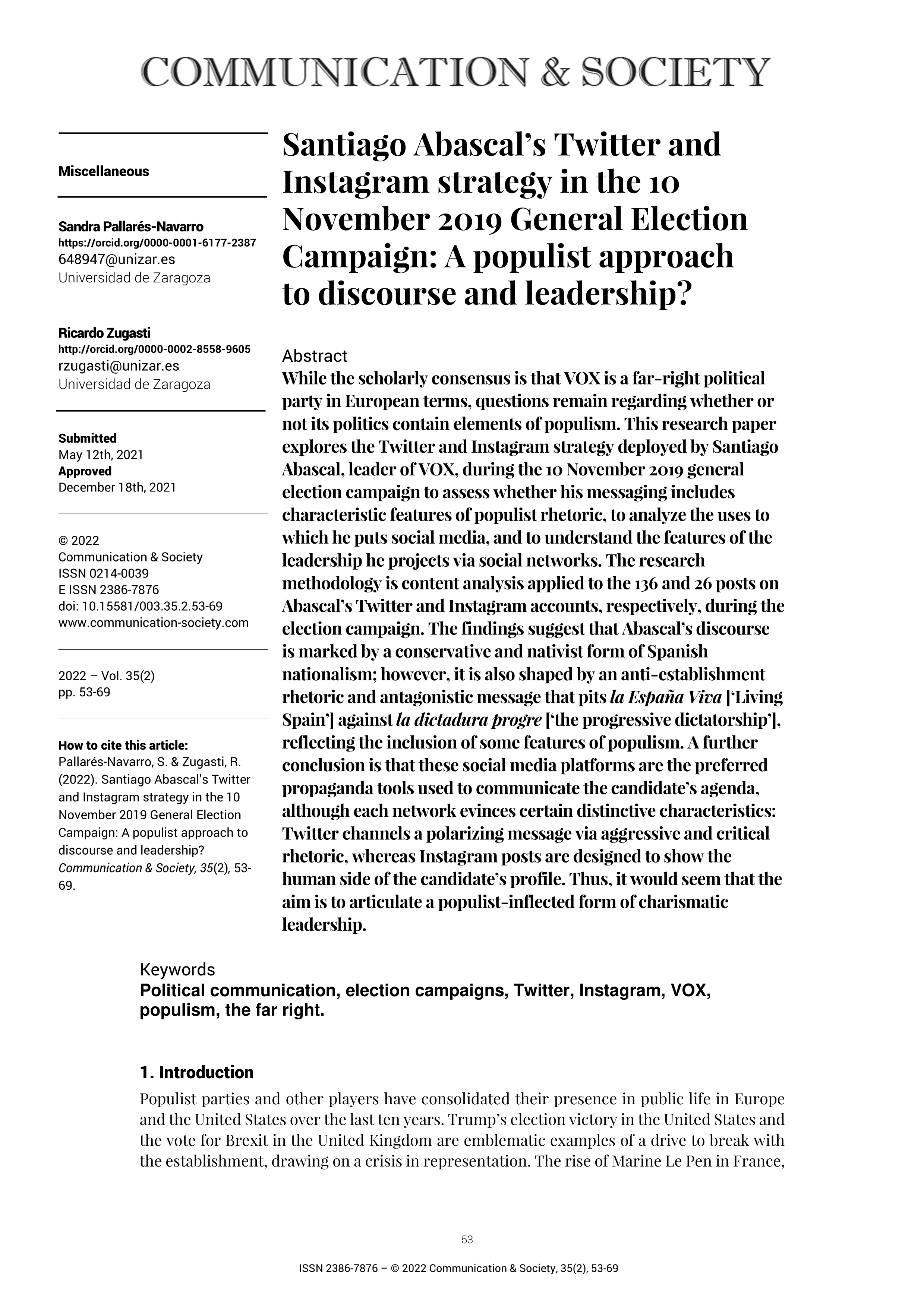 Santiago Abascal’s twitter and instagram strategy in the 10 november 2019 general election campaign: a populist approach to discourse and leadership?