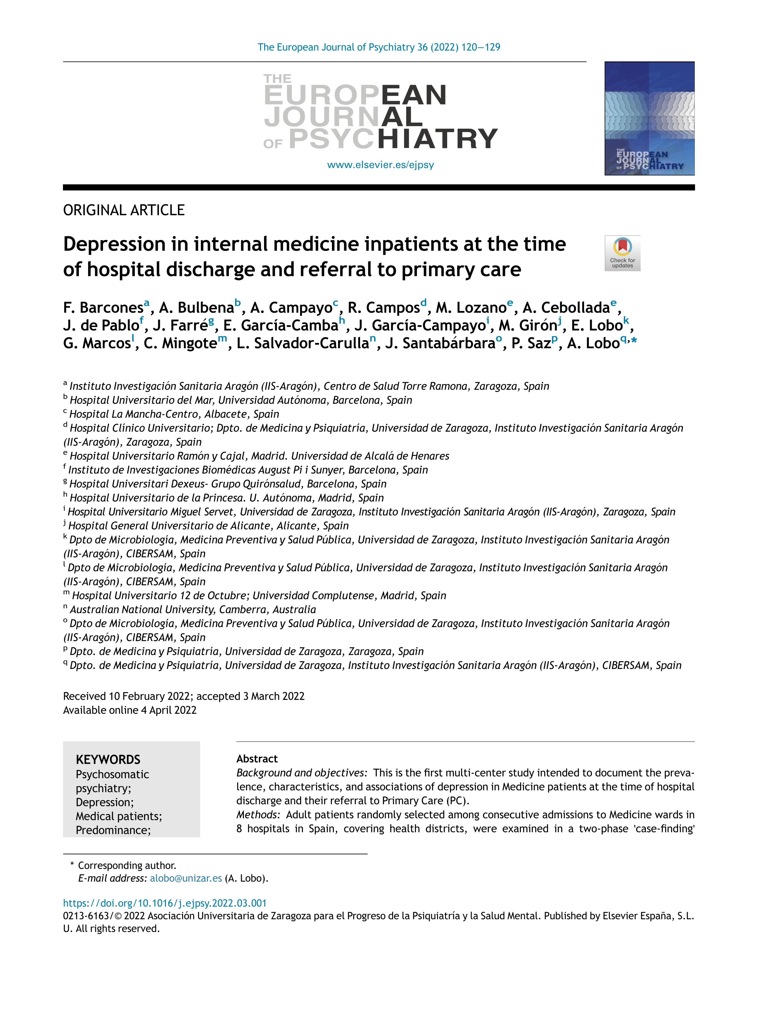 Depression in internal medicine inpatients at the time of hospital discharge and referral to primary care