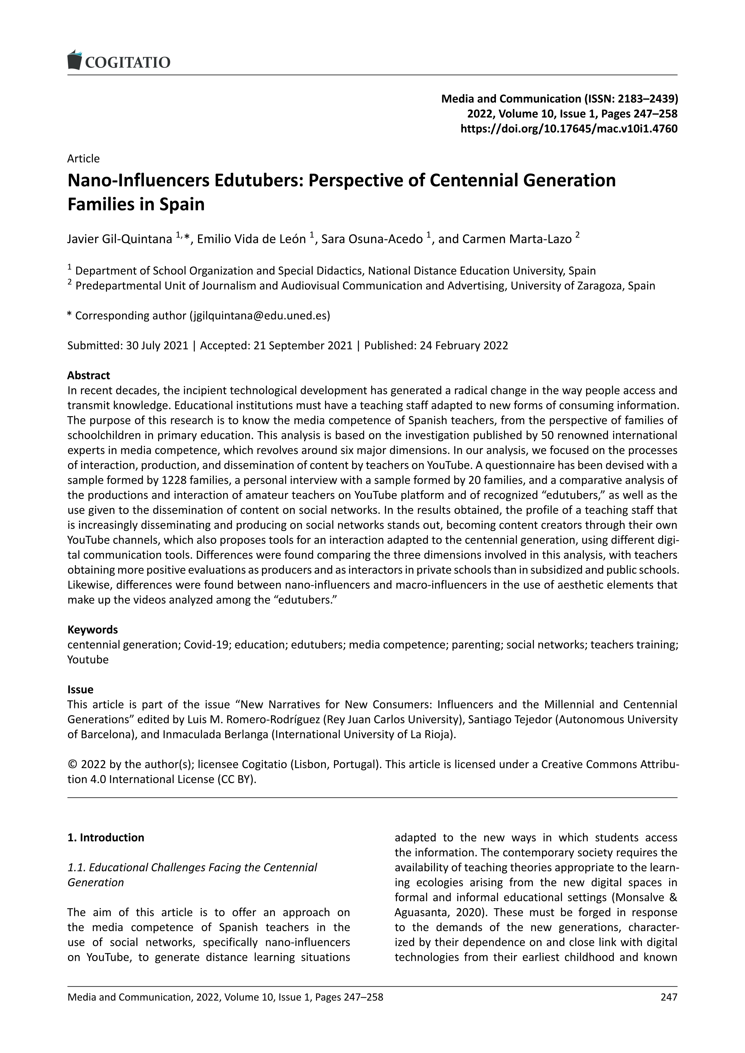 Nano-influencers edutubers: perspective of centennial generation families in spain