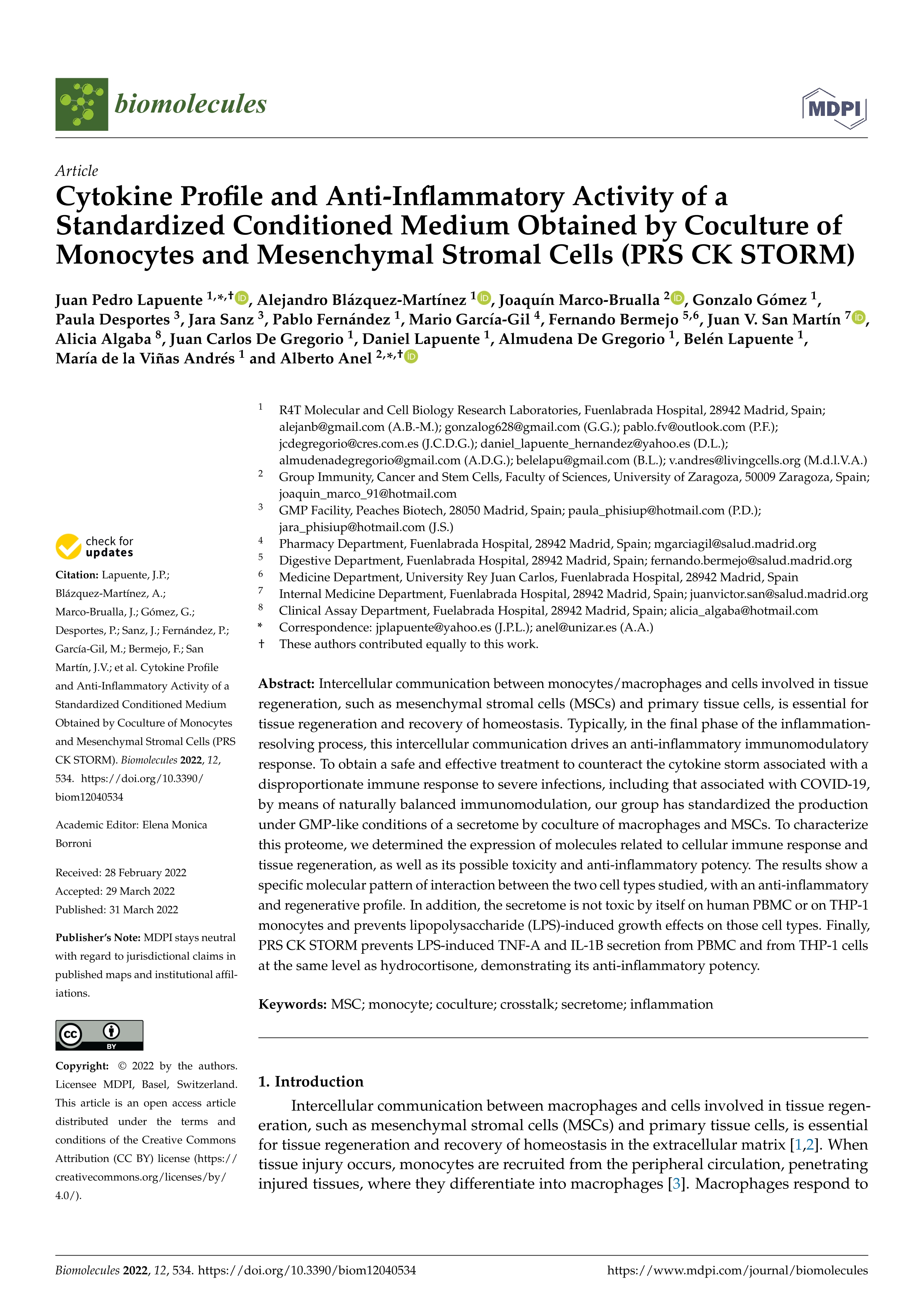 Cytokine profile and anti-inflammatory activity of a standardized conditioned medium obtained by coculture of monocytes and mesenchymal stromal cells (PRS CK STORM)