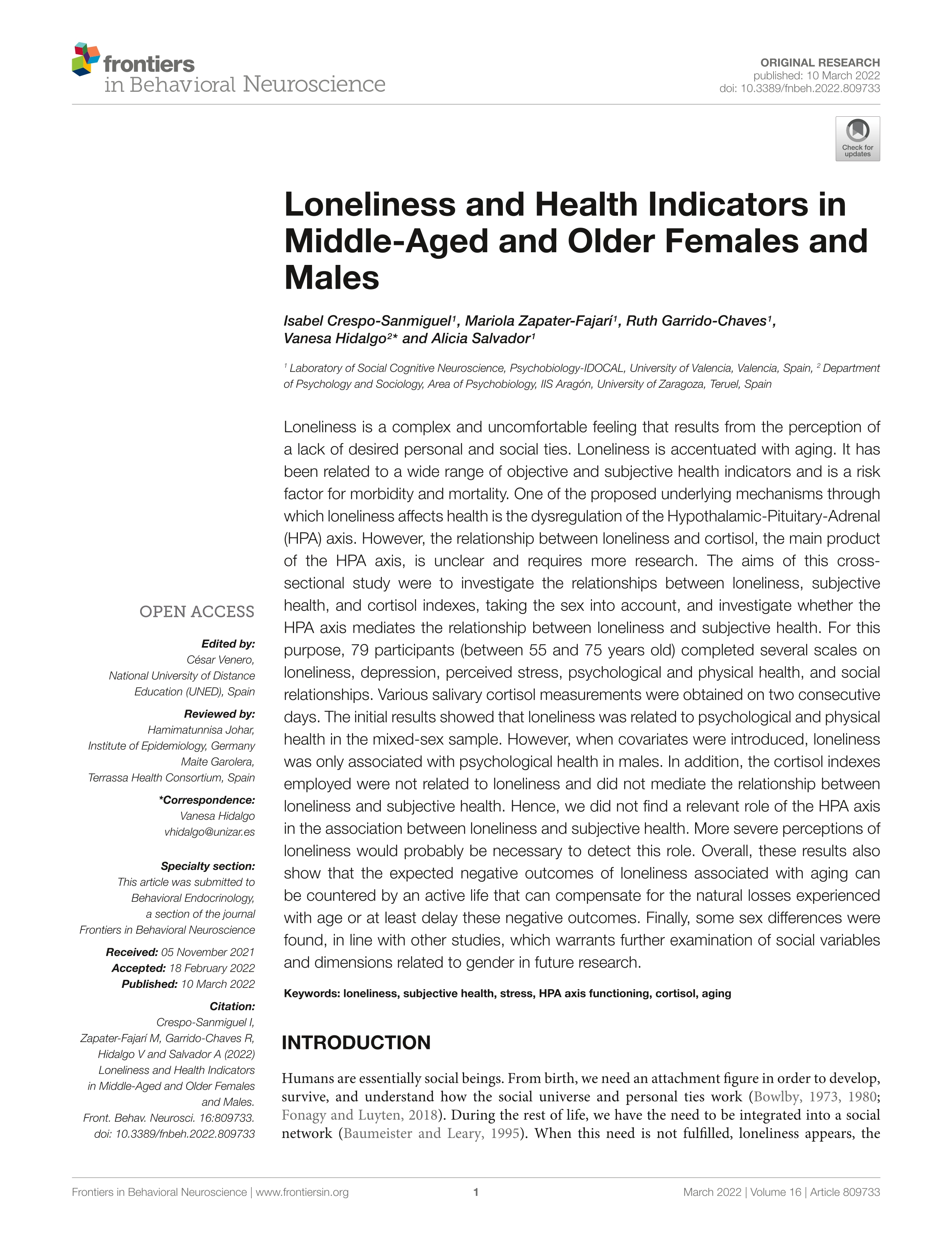 Loneliness and health indicators in middle-aged and older females and males