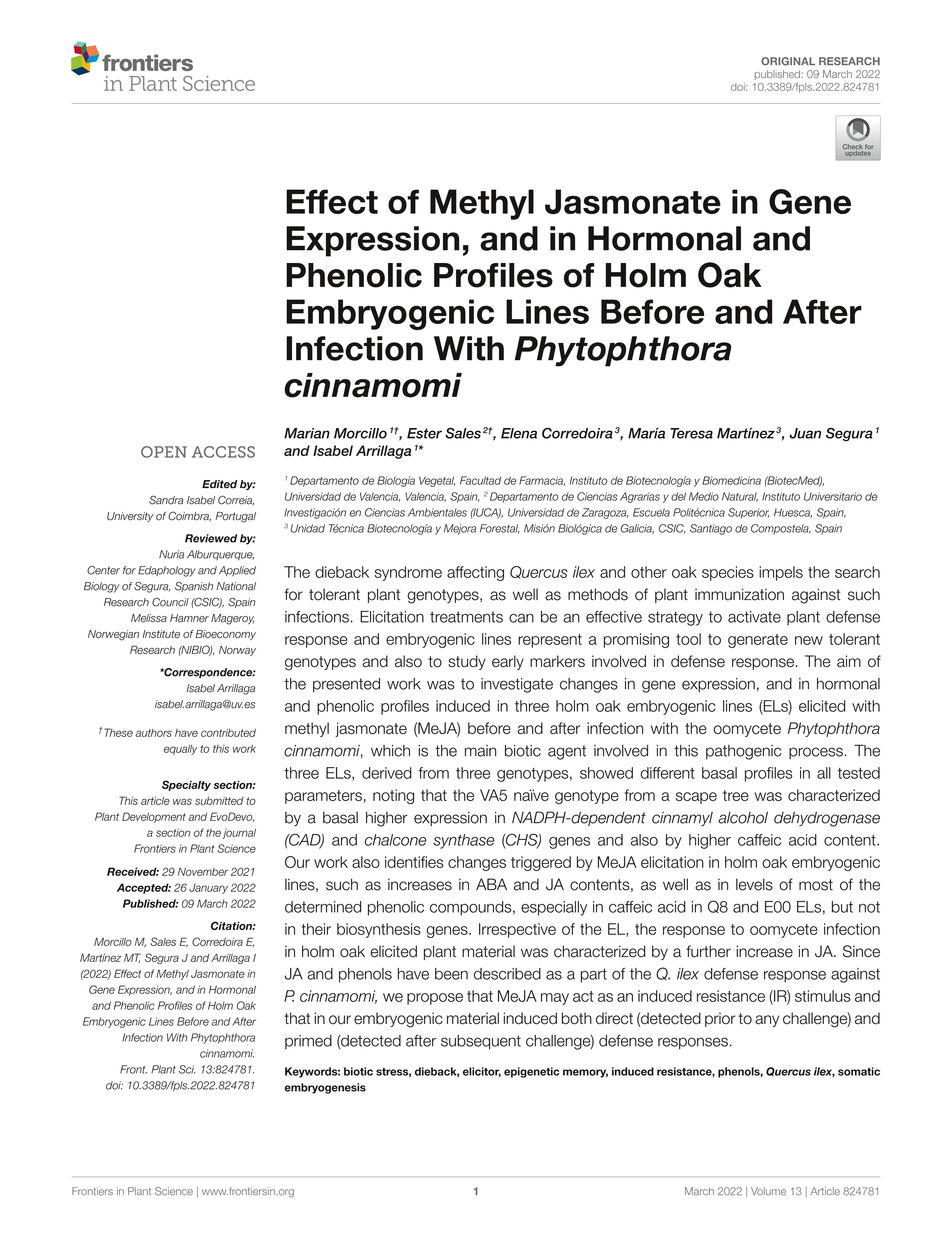 Effect of methyl jasmonate in gene expression, and in hormonal and phenolic profiles of holm oak embryogenic lines before and after infection with Phytophthora Cinnamomi