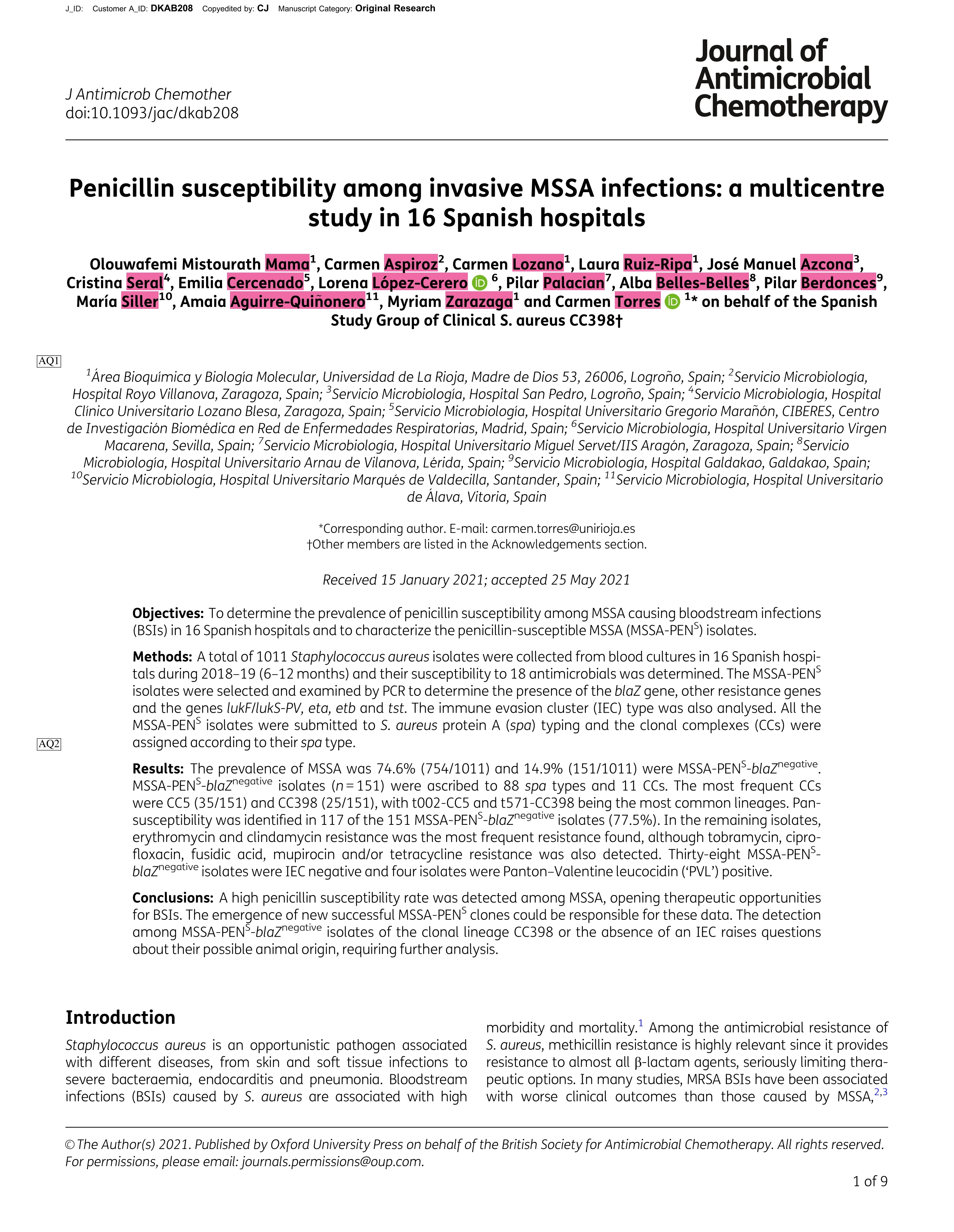 Penicillin susceptibility among invasive MSSA infections: a multicentre study in 16 Spanish hospitals