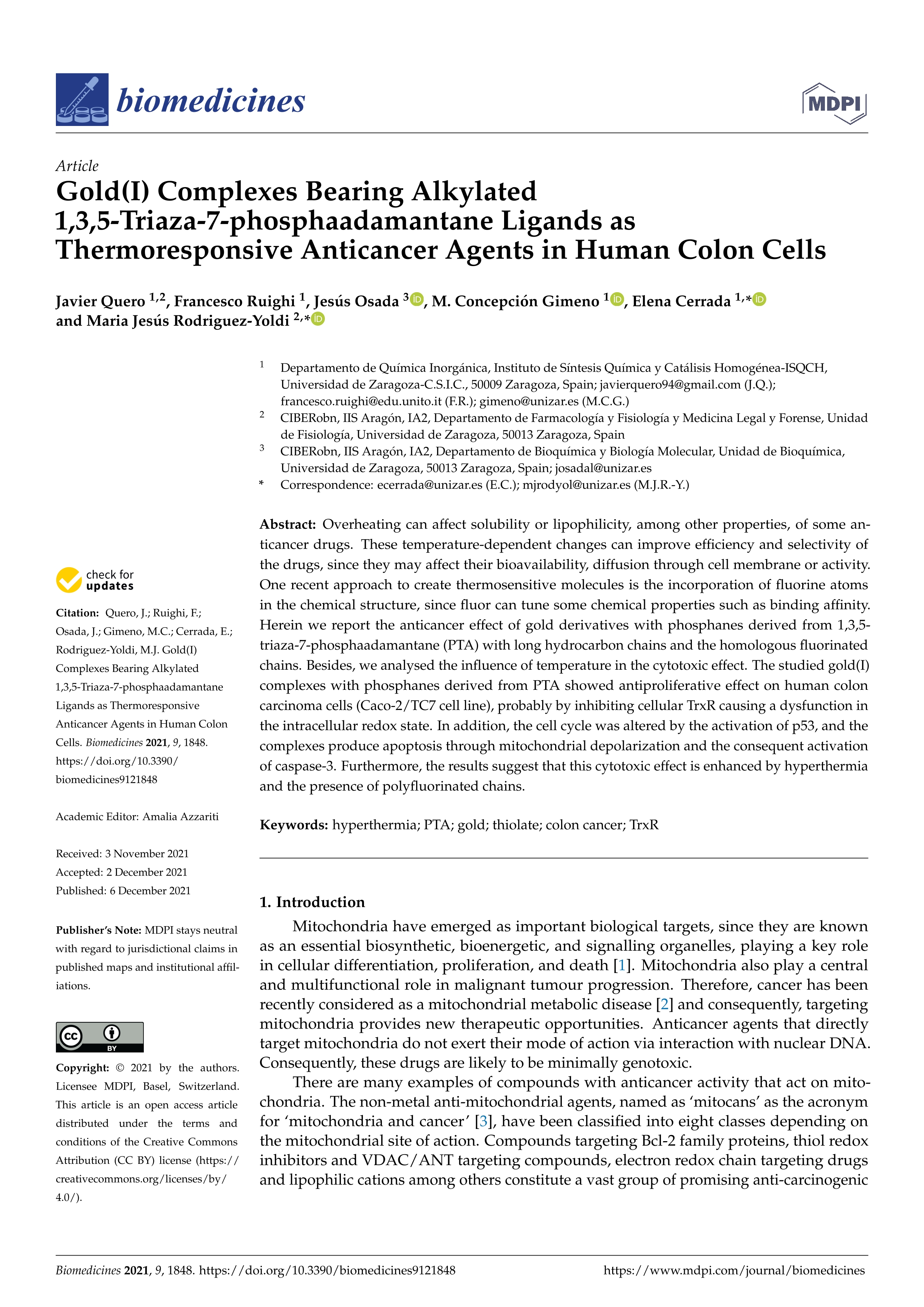 Gold(I) complexes bearing alkylated 1, 3, 5-triaza-7-phosphaadamantane ligands as thermoresponsive anticancer agents in human colon cells