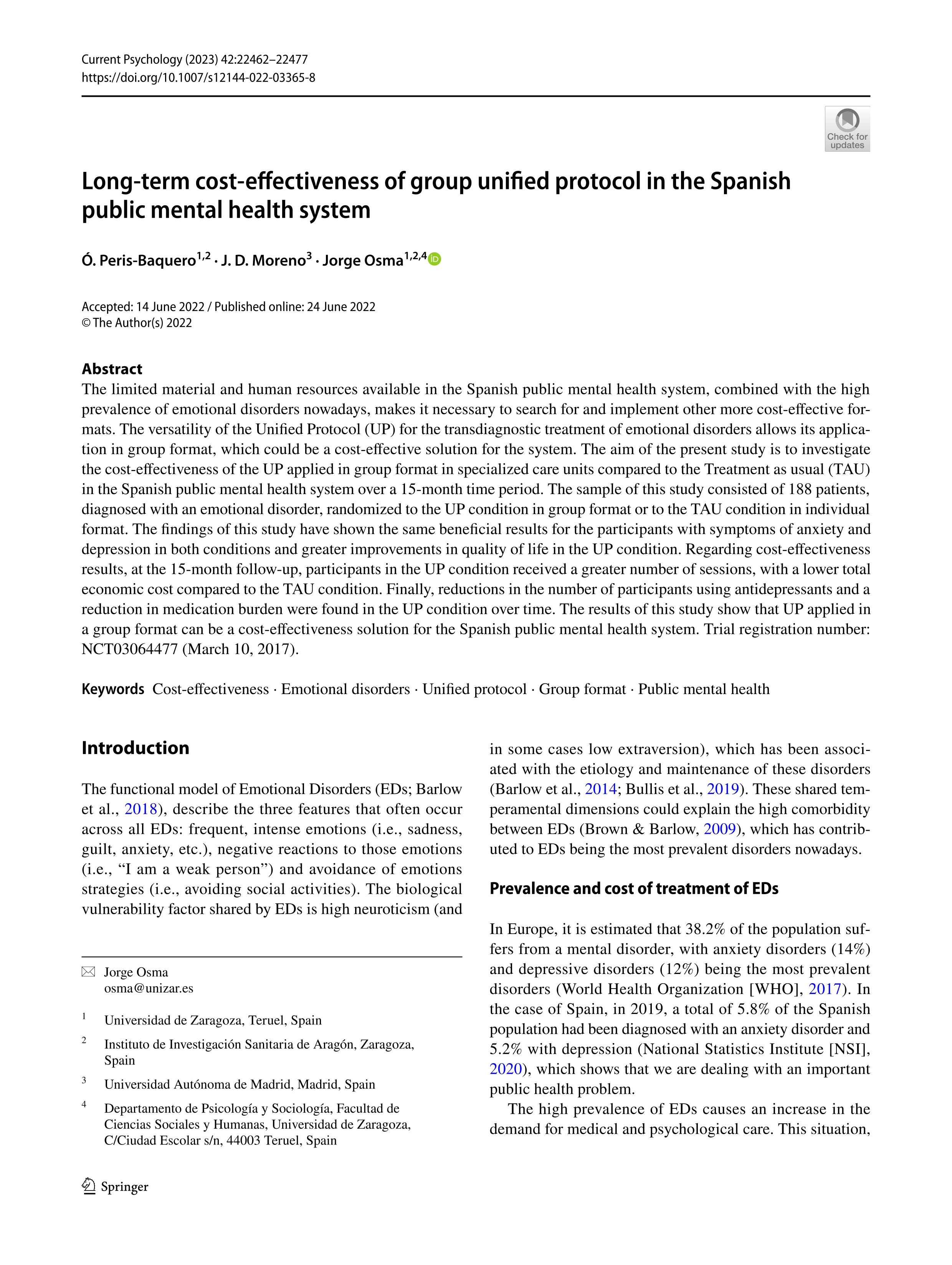Long-term cost-effectiveness of group unified protocol in the spanish public mental health system