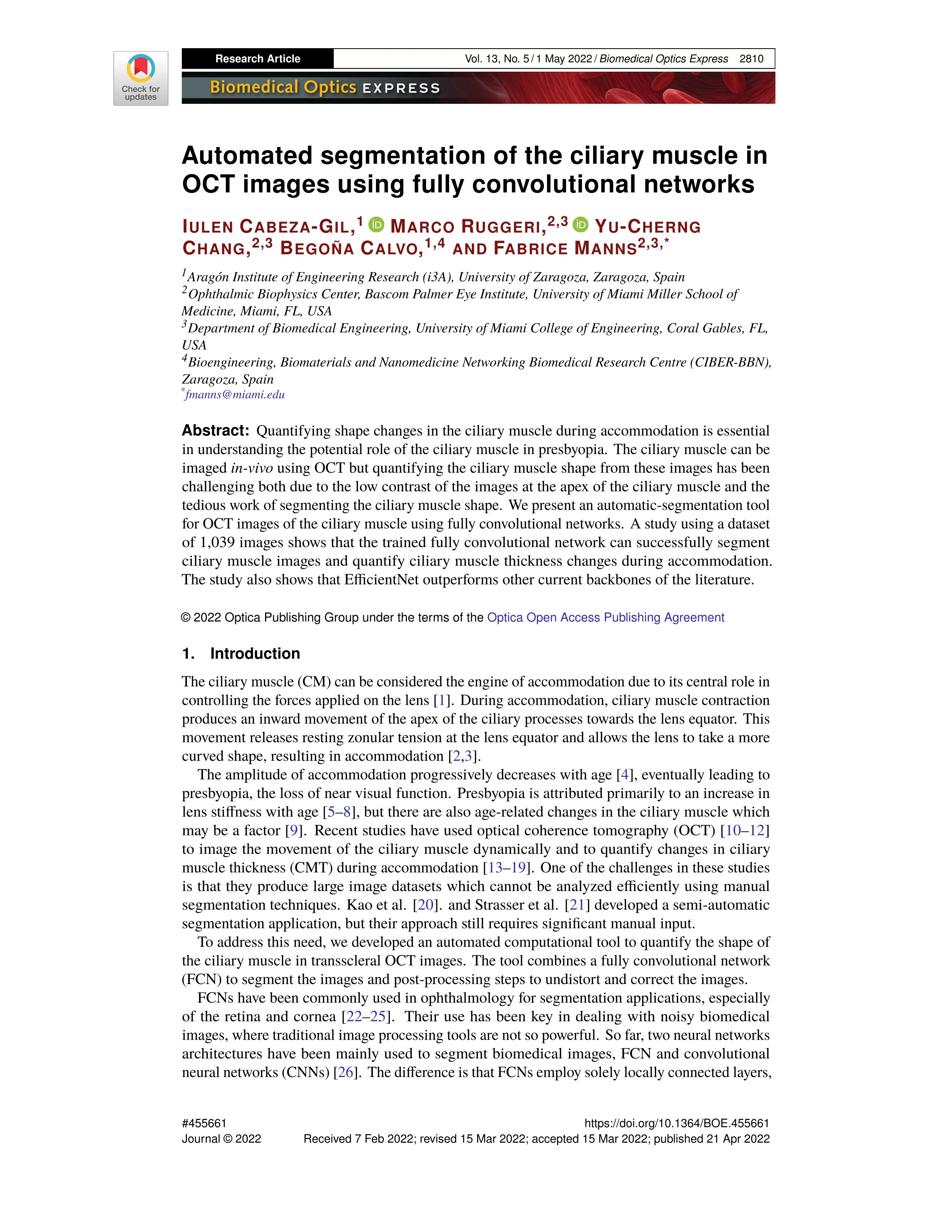 Automated segmentation of the ciliary muscle in OCT images using fully convolutional networks