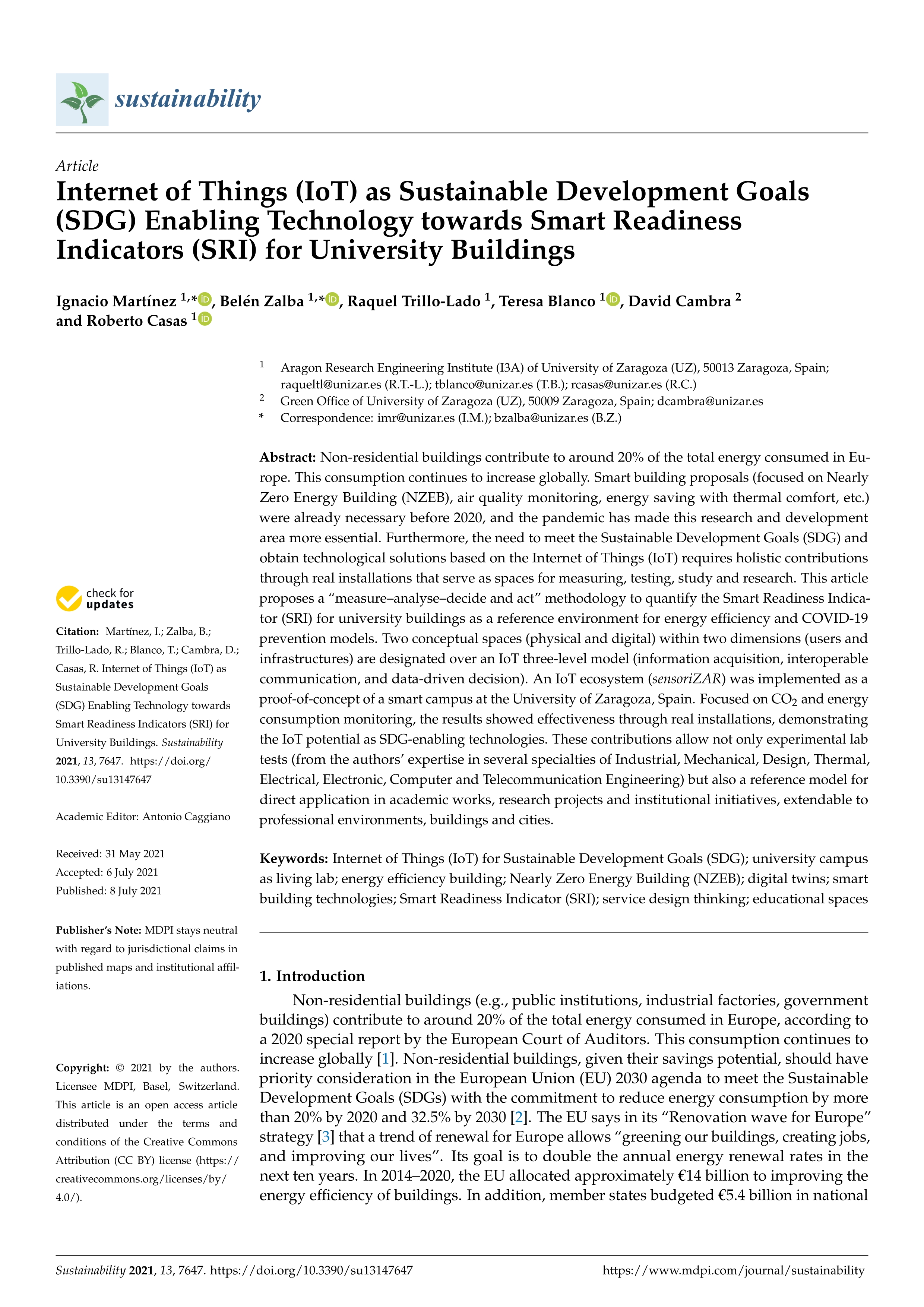 Internet of things (IoT) as sustainable development goals (SDG) enabling technology towards smart readiness indicators (SRI) for university buildings