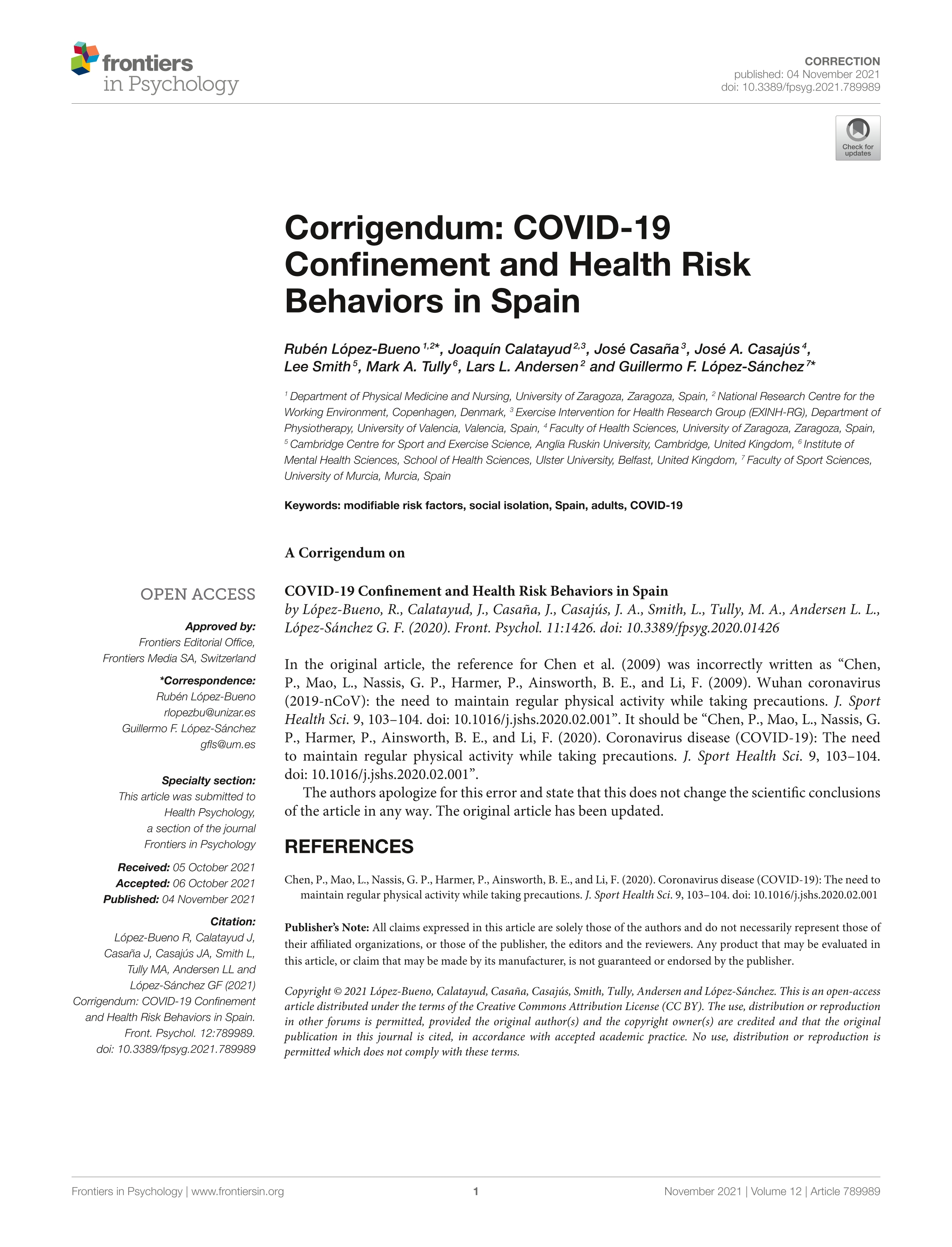 Corrigendum: COVID-19 confinement and health risk behaviors in Spain