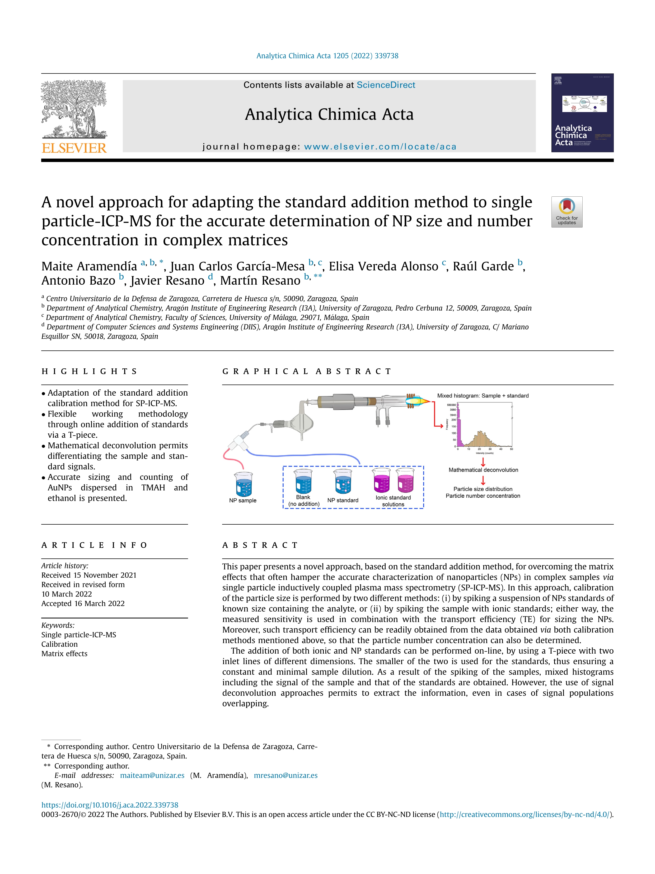 A novel approach for adapting the standard addition method to single particle-ICP-MS for the accurate determination of NP size and number concentration in complex matrices; 35414390
