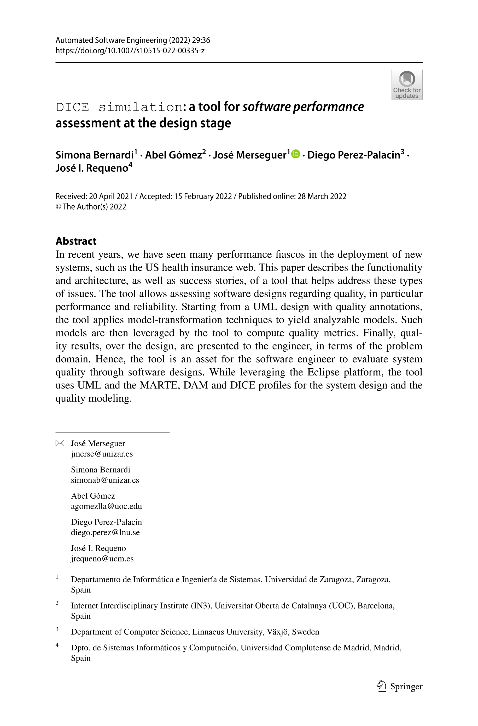 DICE simulation: a tool for software performance assessment at the design stage