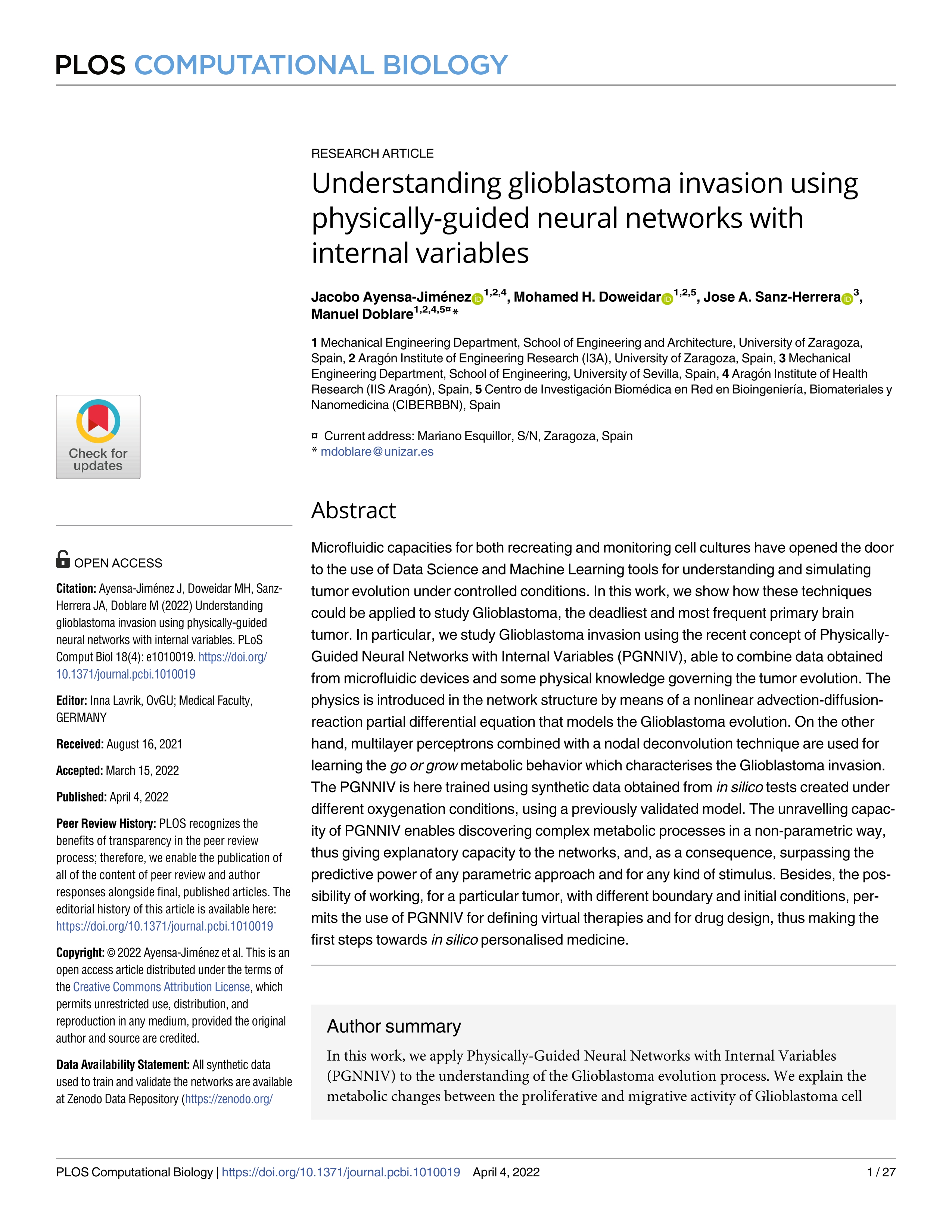 Understanding glioblastoma invasion using physically-guided neural networks with internal variables