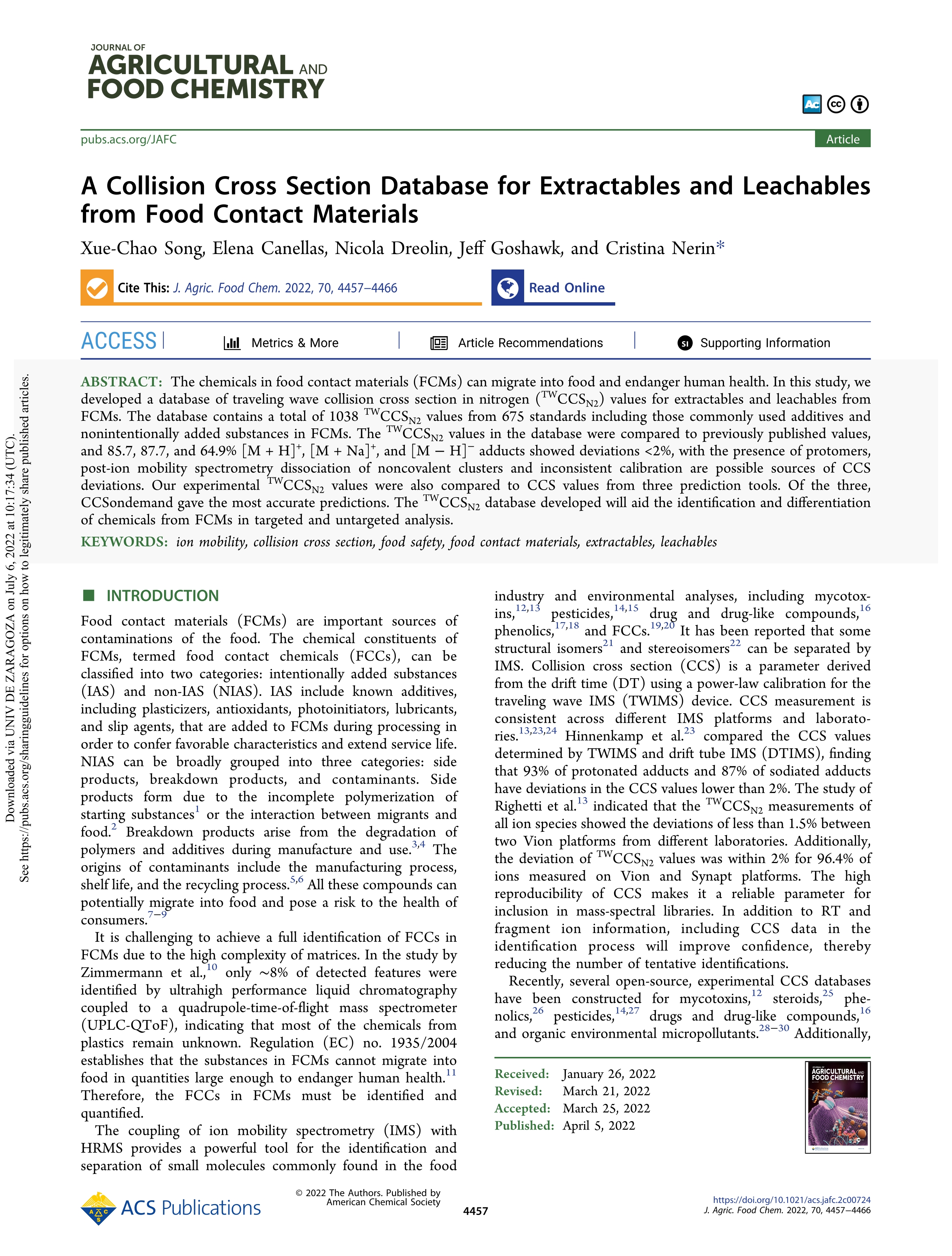 A collision cross section database for extractables and leachables from food contact materials