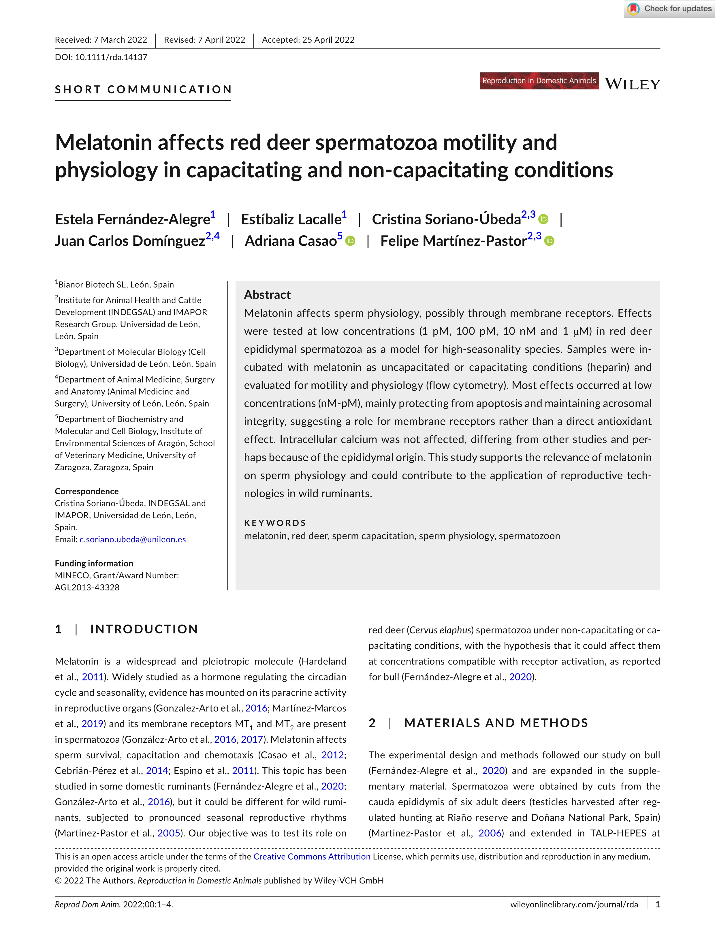 Melatonin affects red deer spermatozoa motility and physiology in capacitating and non-capacitating conditions