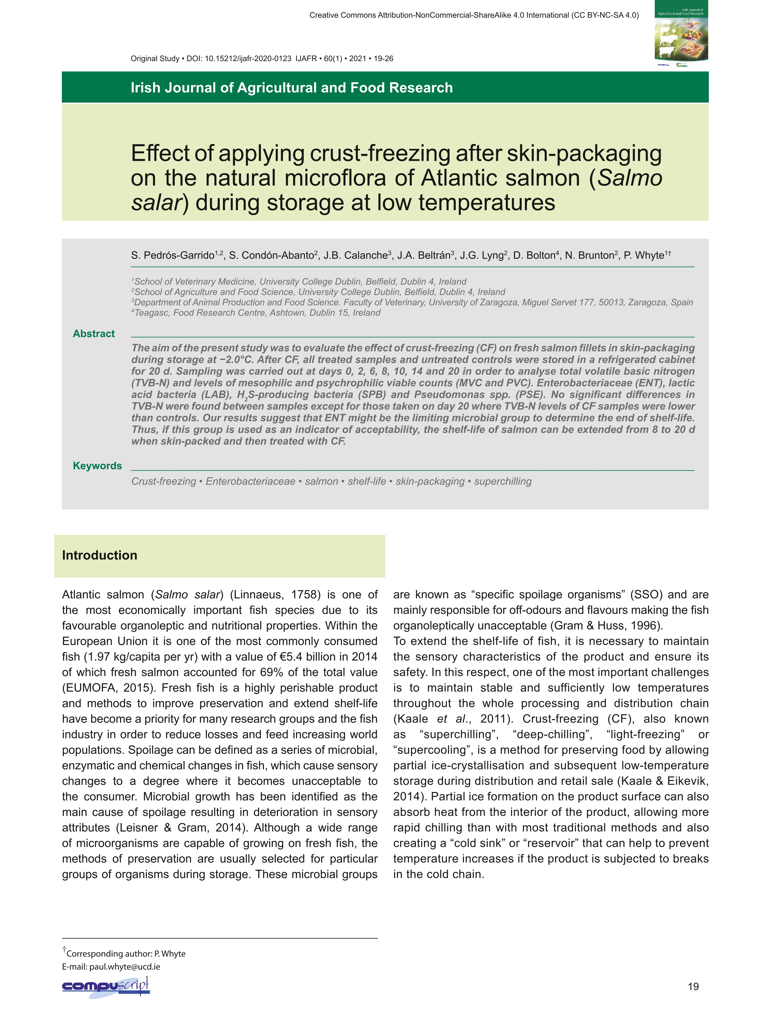 Effect of applying crust-freezing after skin-packaging on the natural microflora of Atlantic salmon (Salmo salar) during storage at low temperatures