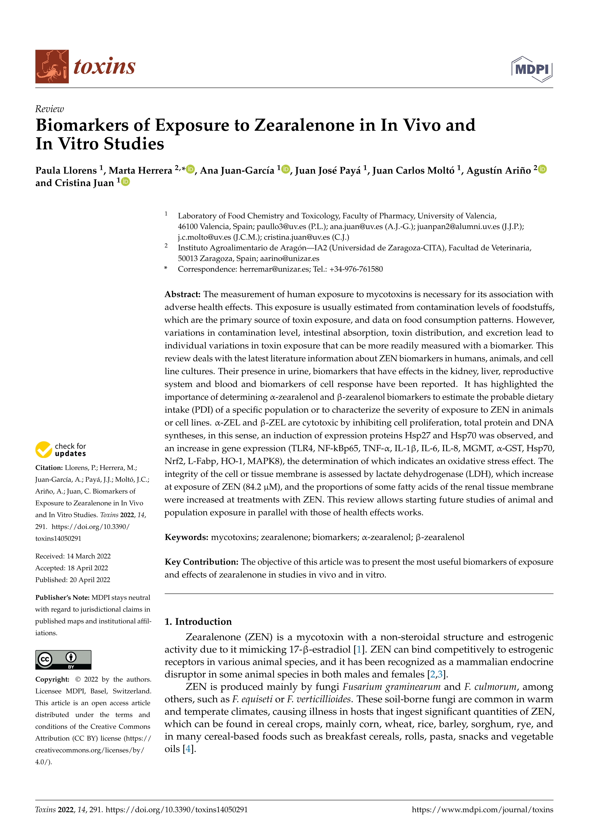 Biomarkers of Exposure to Zearalenone in In Vivo and In Vitro Studies