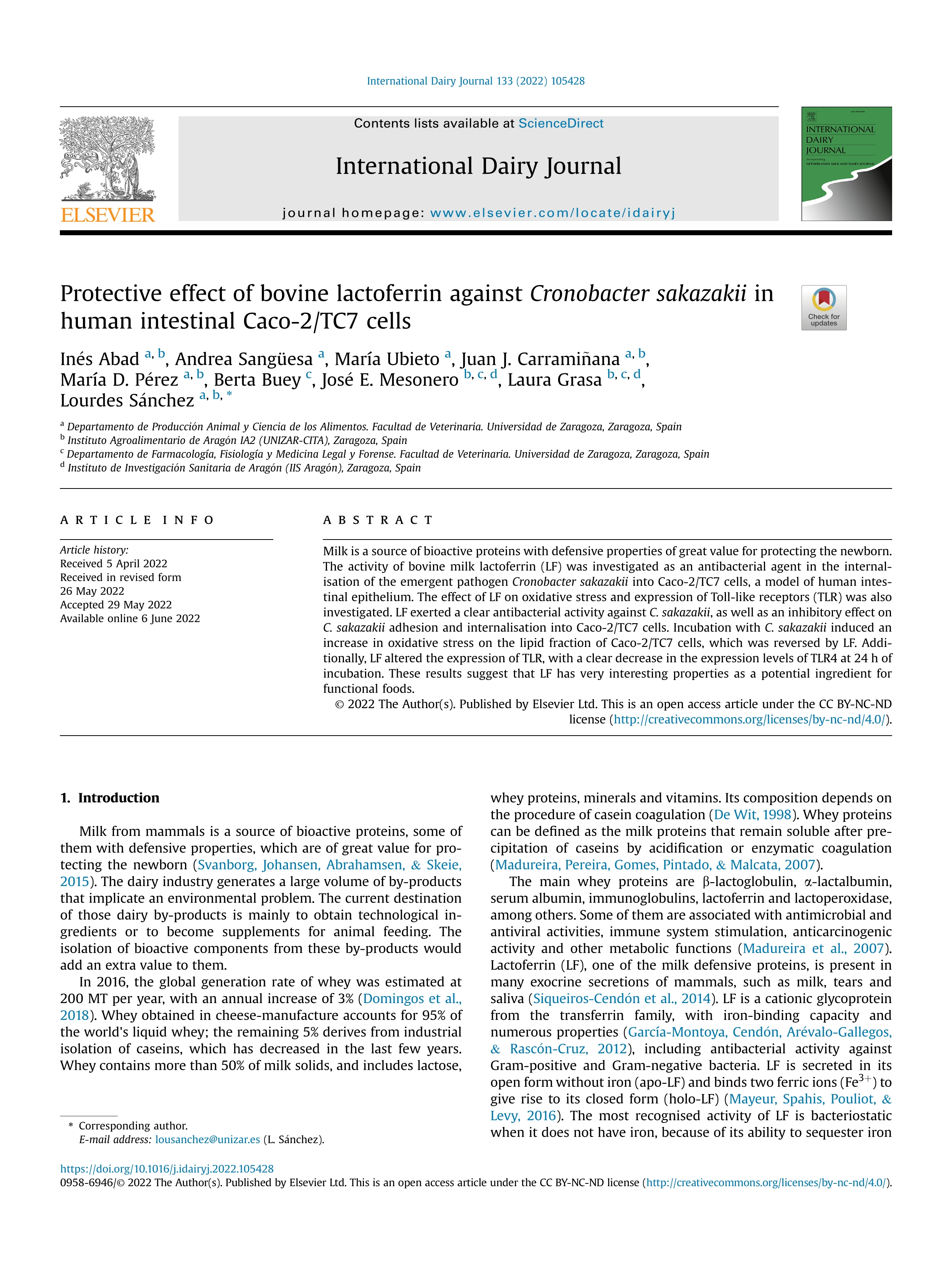 Protective effect of bovine lactoferrin against Cronobacter sakazakii in human intestinal Caco-2/TC7 cells