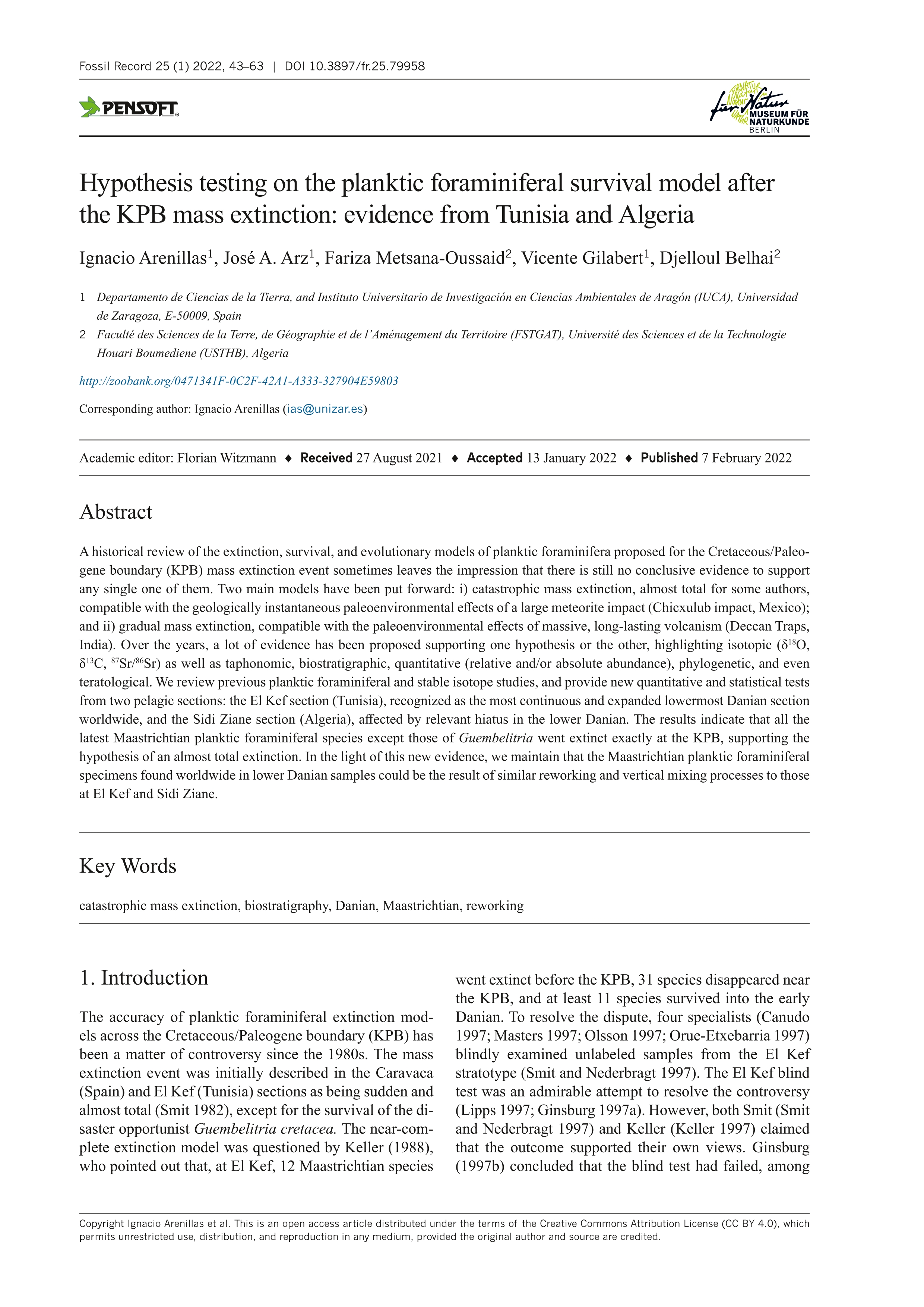 Hypothesis testing on the planktic foraminiferal survival model after the KPB mass extinction: evidence from Tunisia and Algeria
