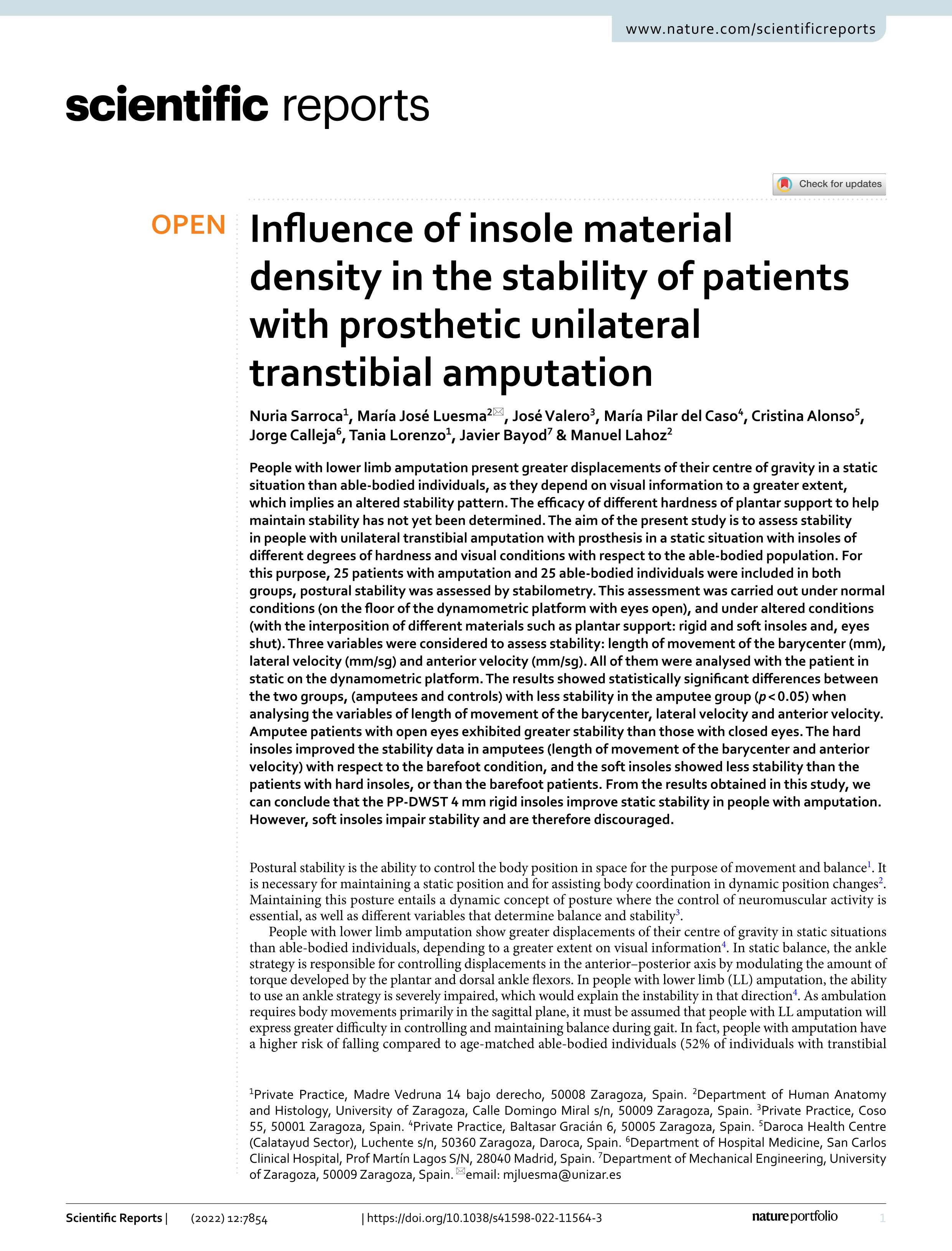 Influence of insole material density in the stability of patients with prosthetic unilateral transtibial amputation