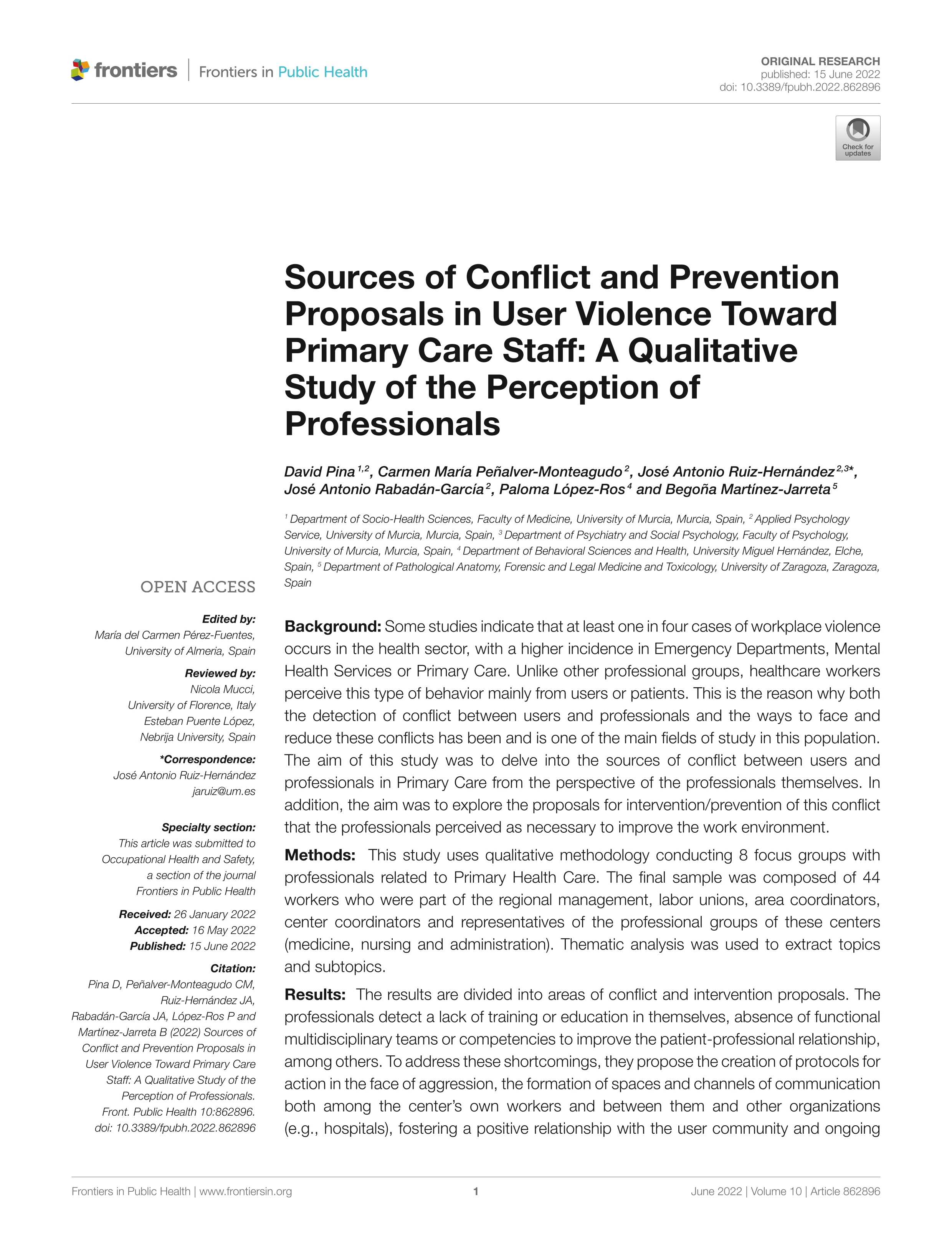 Sources of conflict and prevention proposals in user violence toward primary care staff: a qualitative study of the perception of professionals