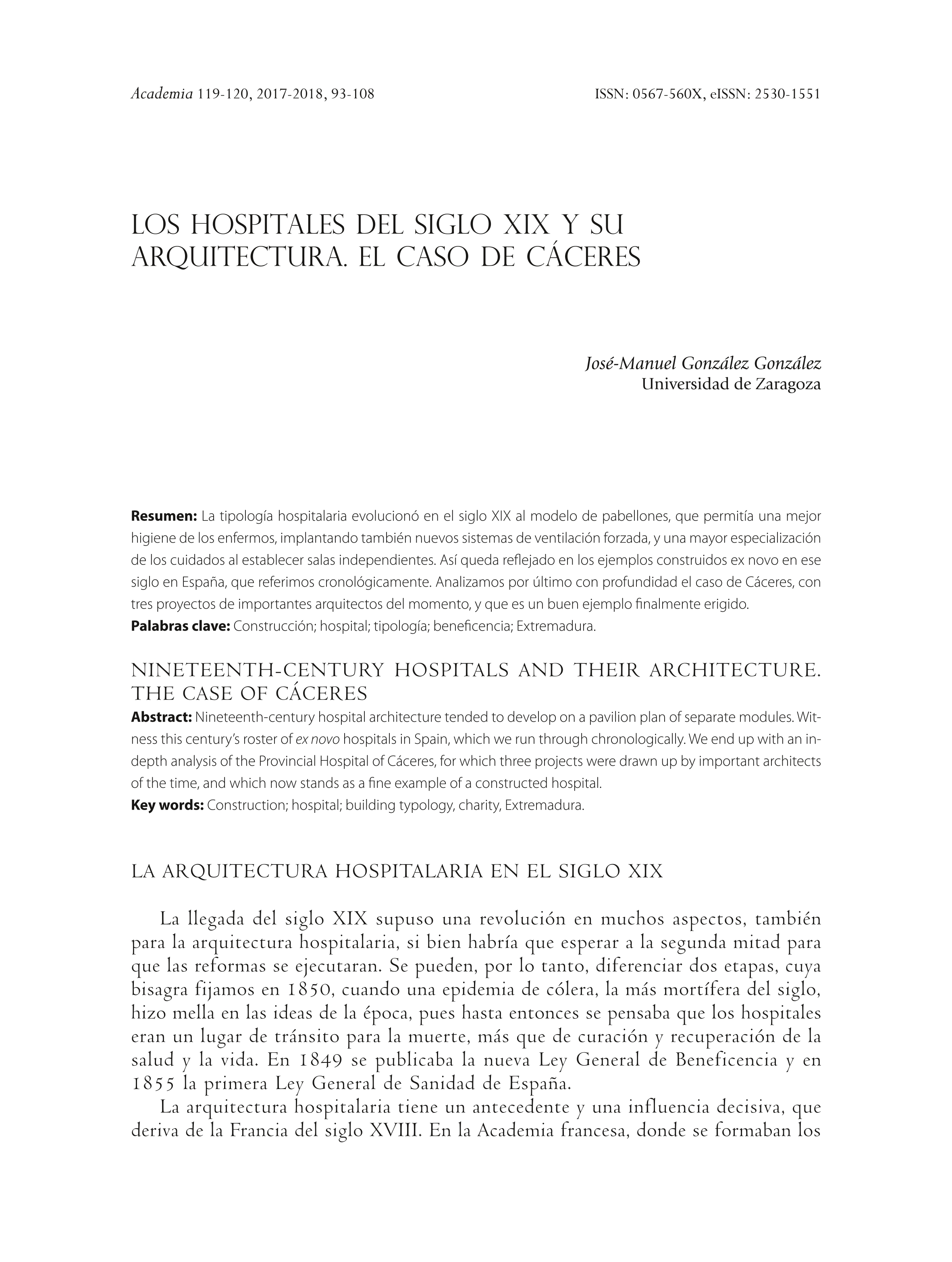 Los hospitales del siglo XIX y su arquitectura: El caso de Cáceres